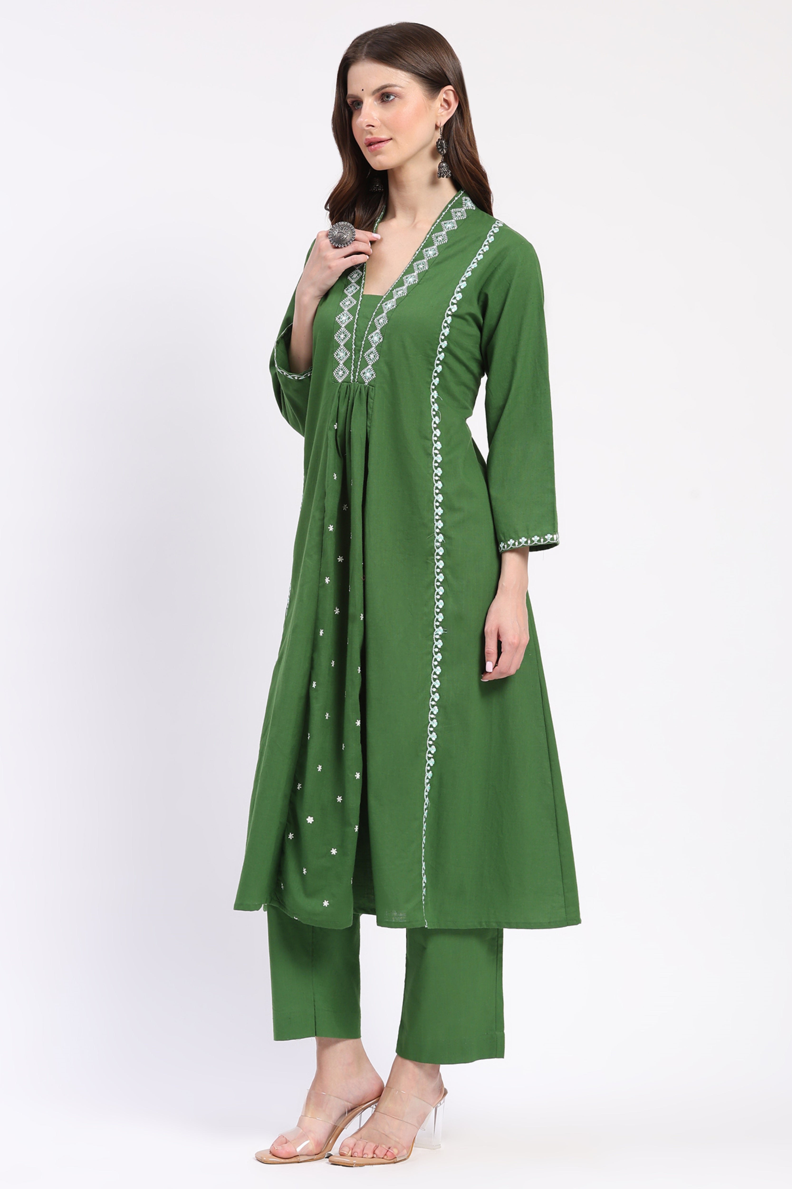 Green Embroidered A-Line Kurta Set