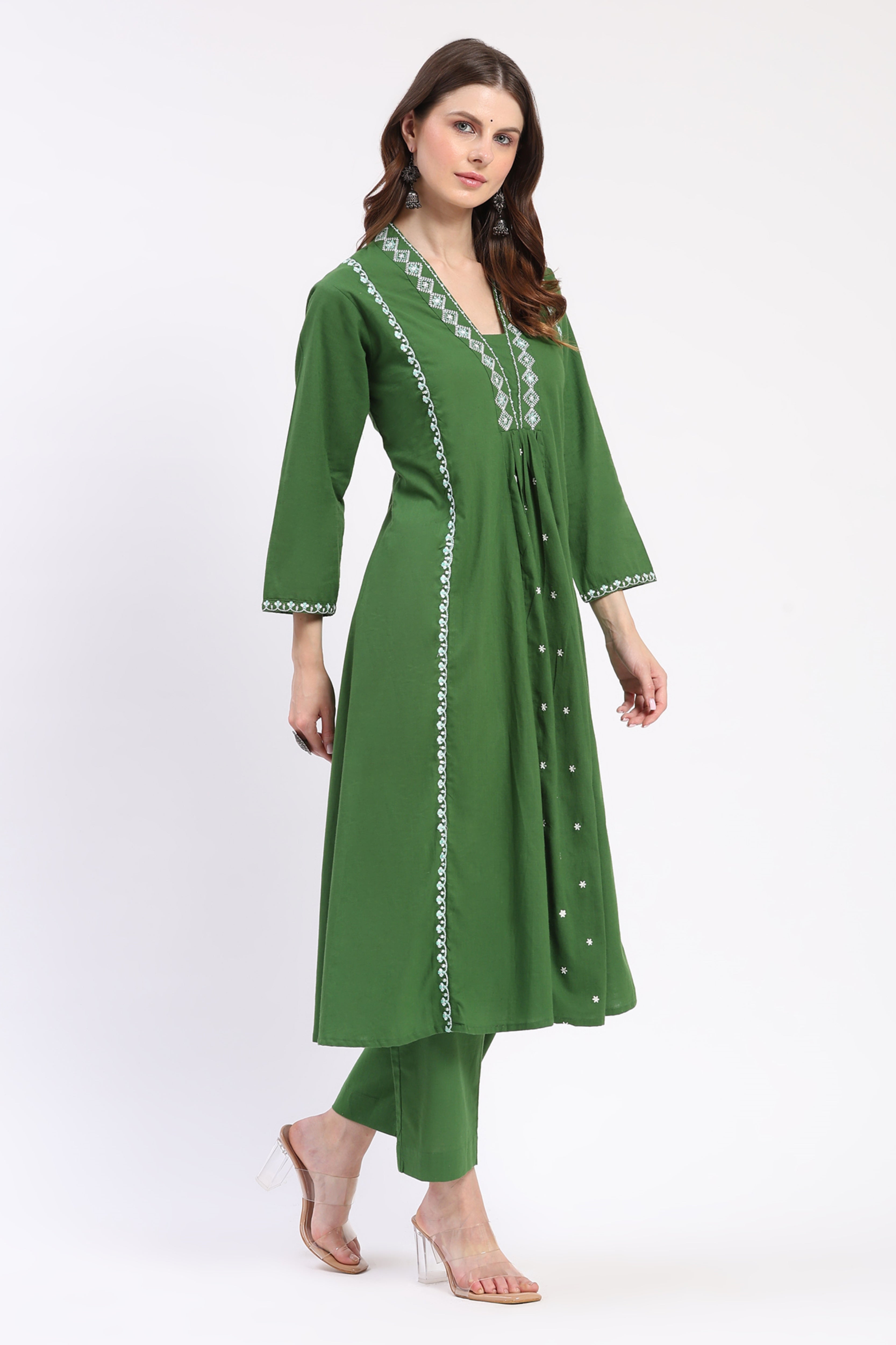 Green Embroidered A-Line Kurta Set