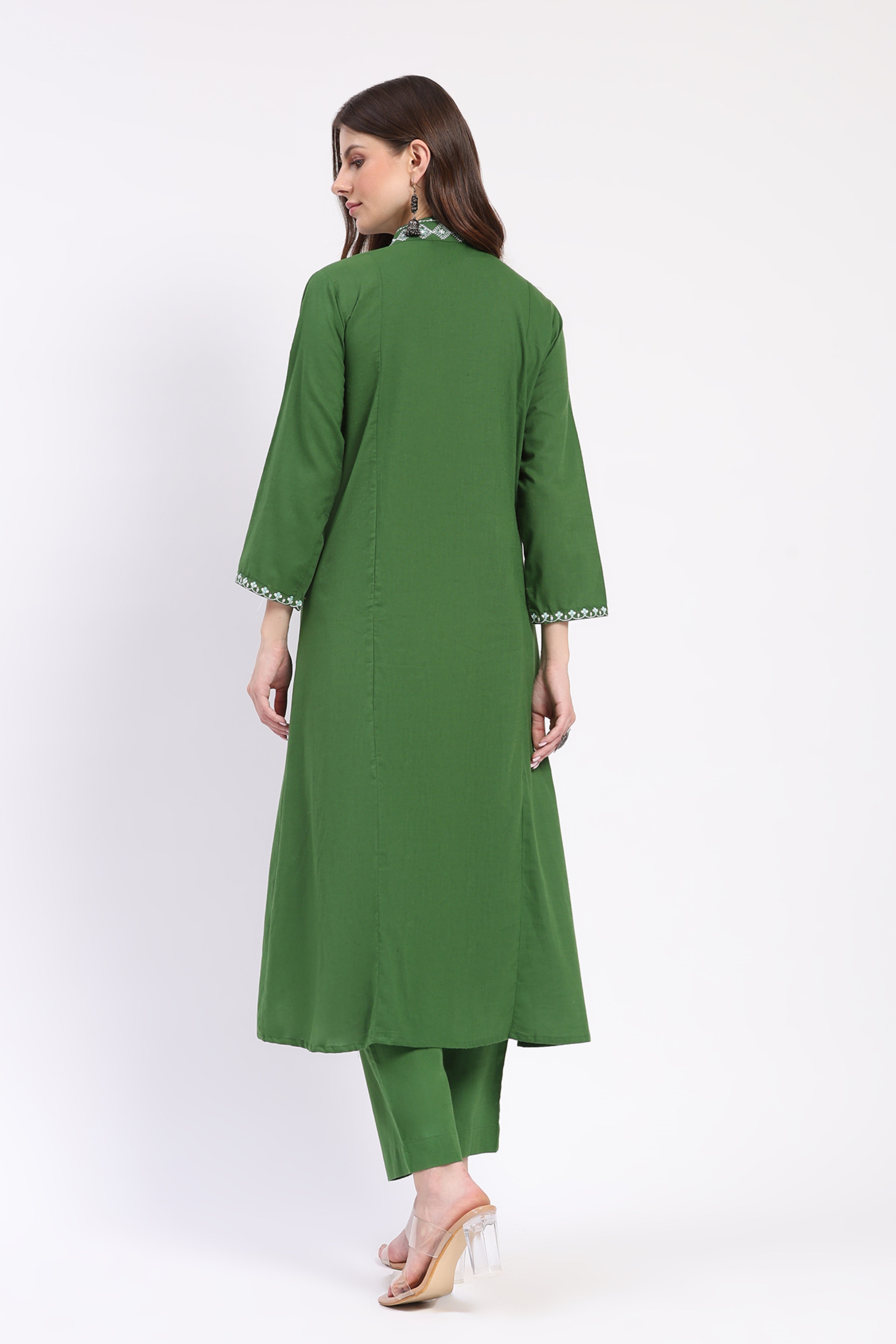 Green Embroidered A-Line Kurta Set