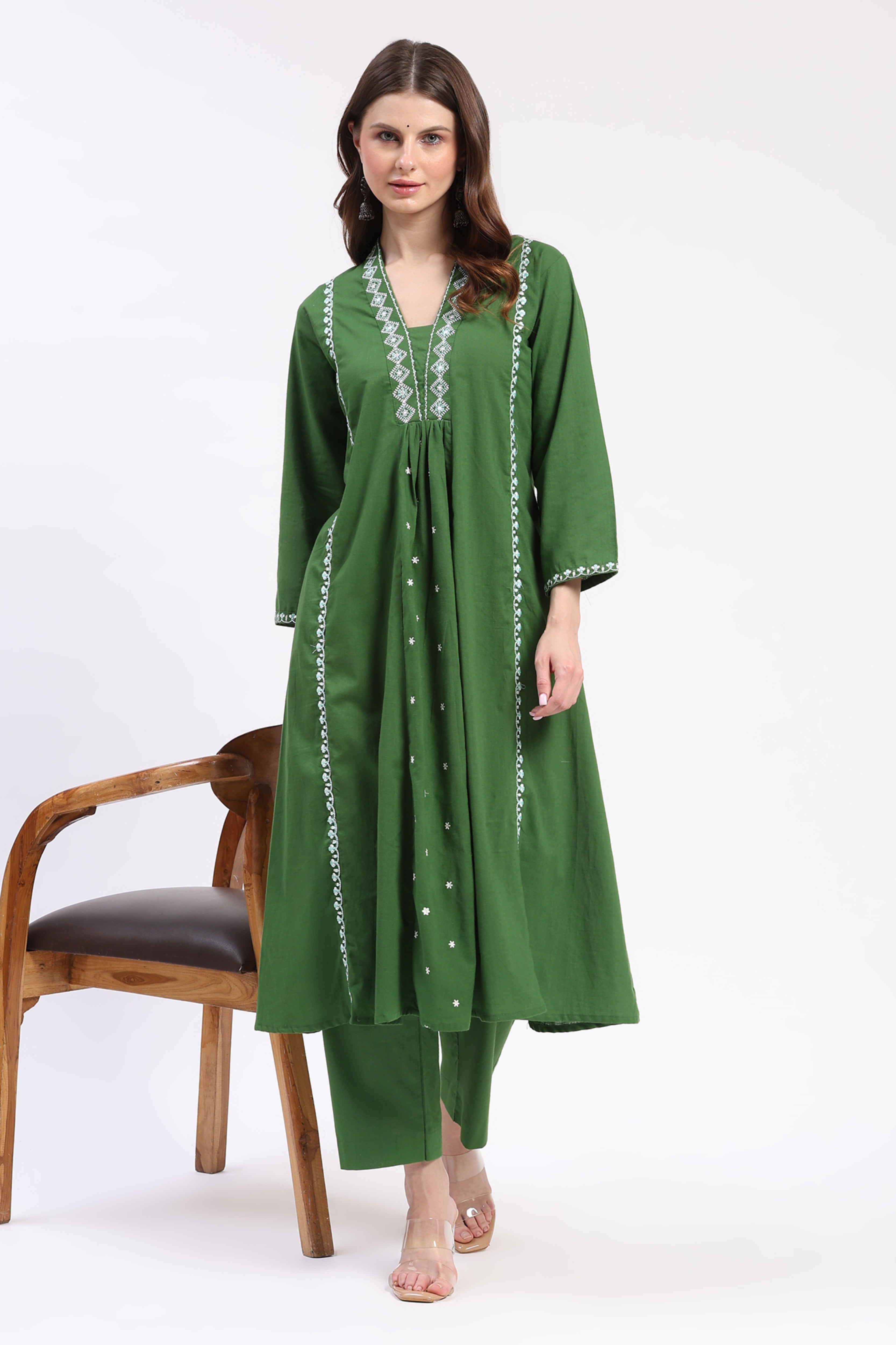 Green Embroidered A-Line Kurta Set