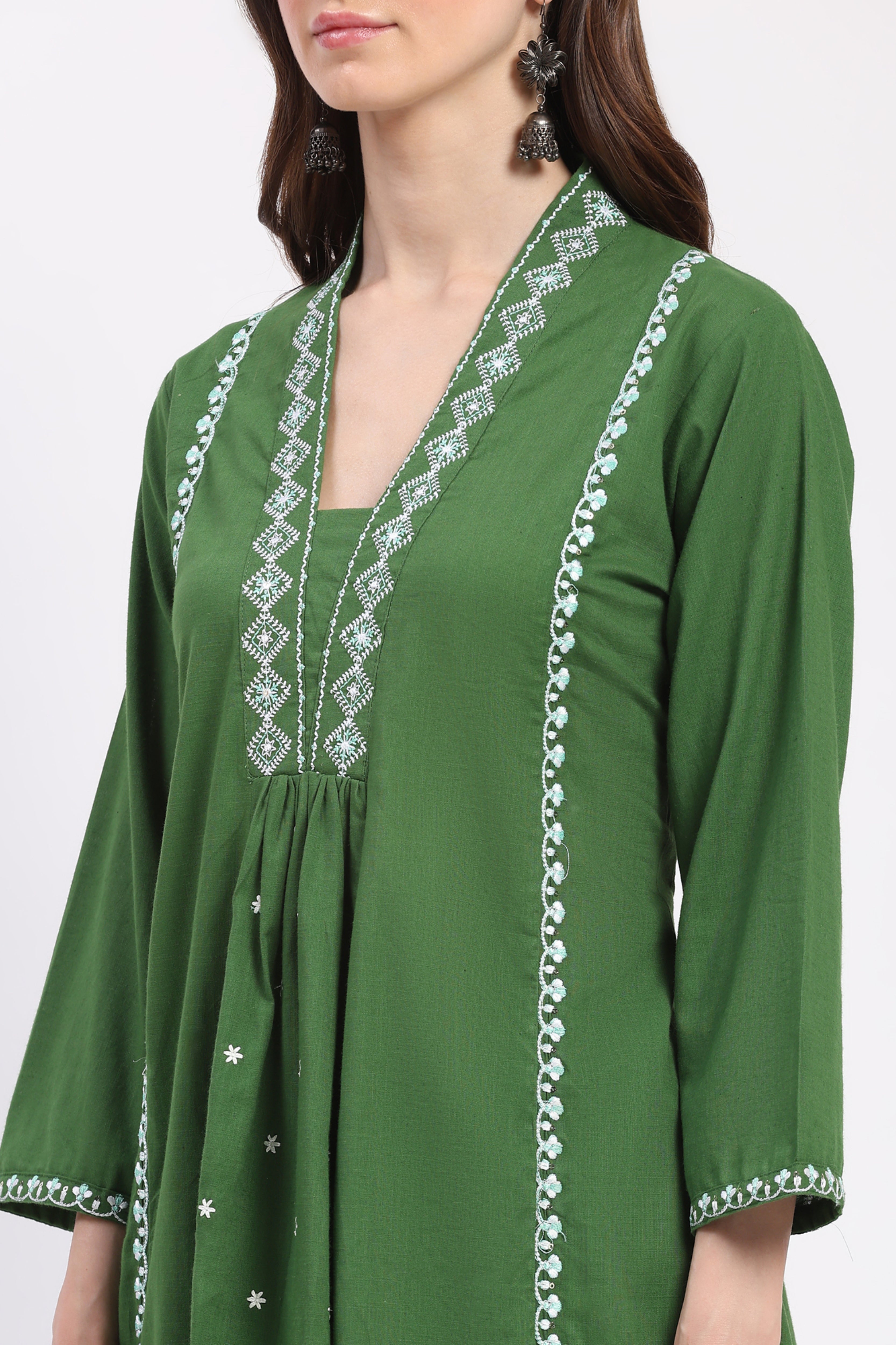 Green Embroidered A-Line Kurta Set