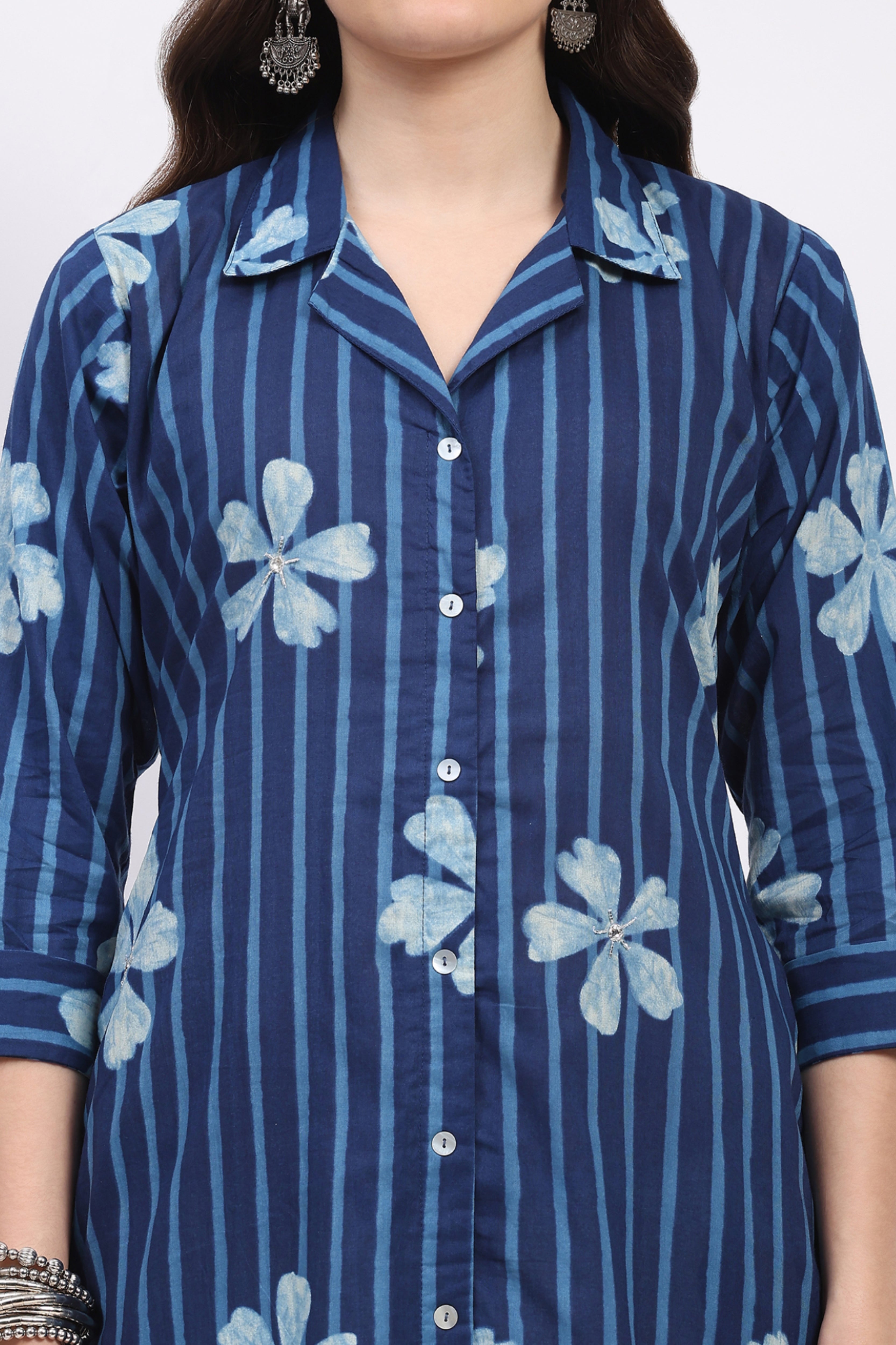 Indigo Cotton Floral Striped Kurta