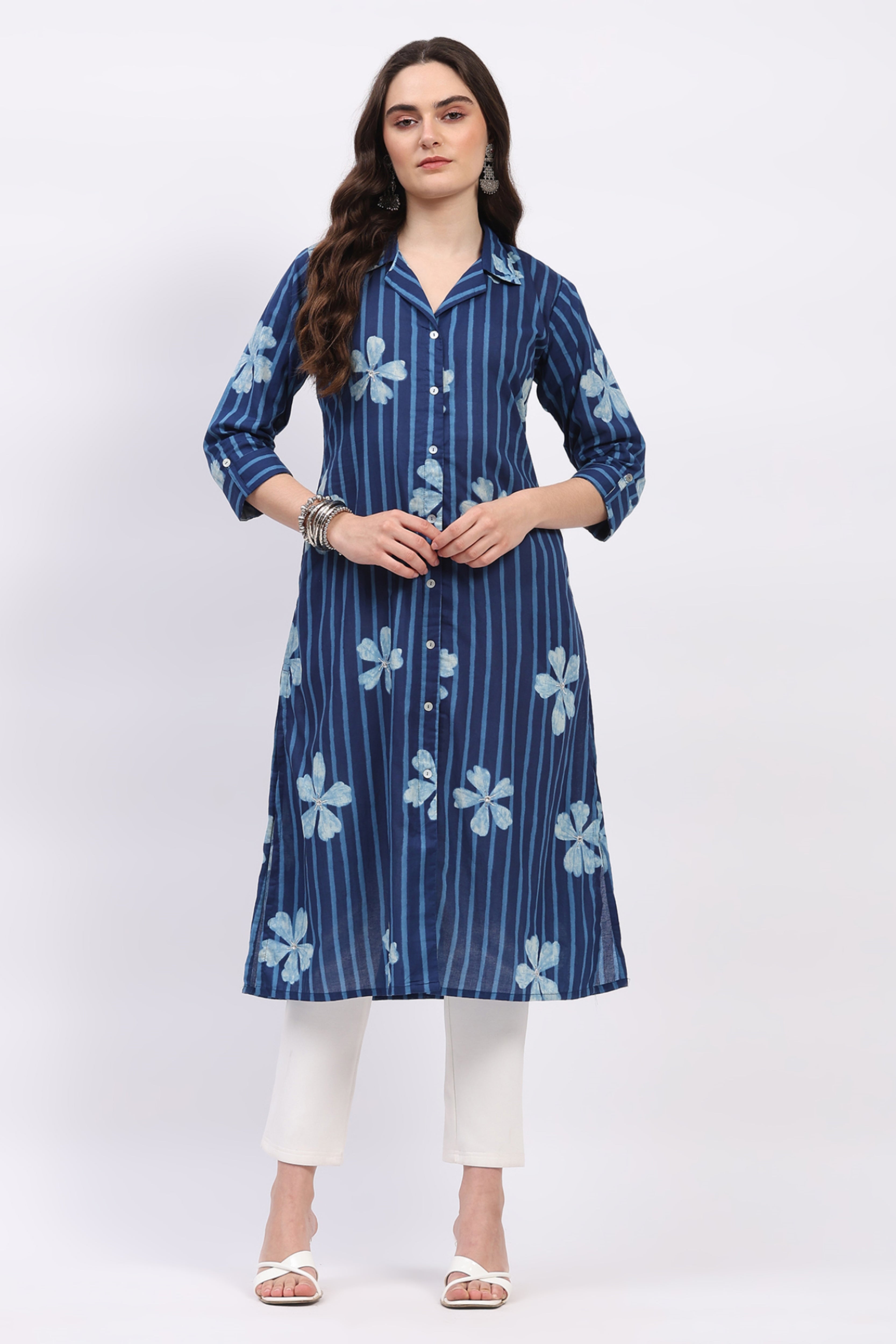 Indigo Cotton Floral Striped Kurta