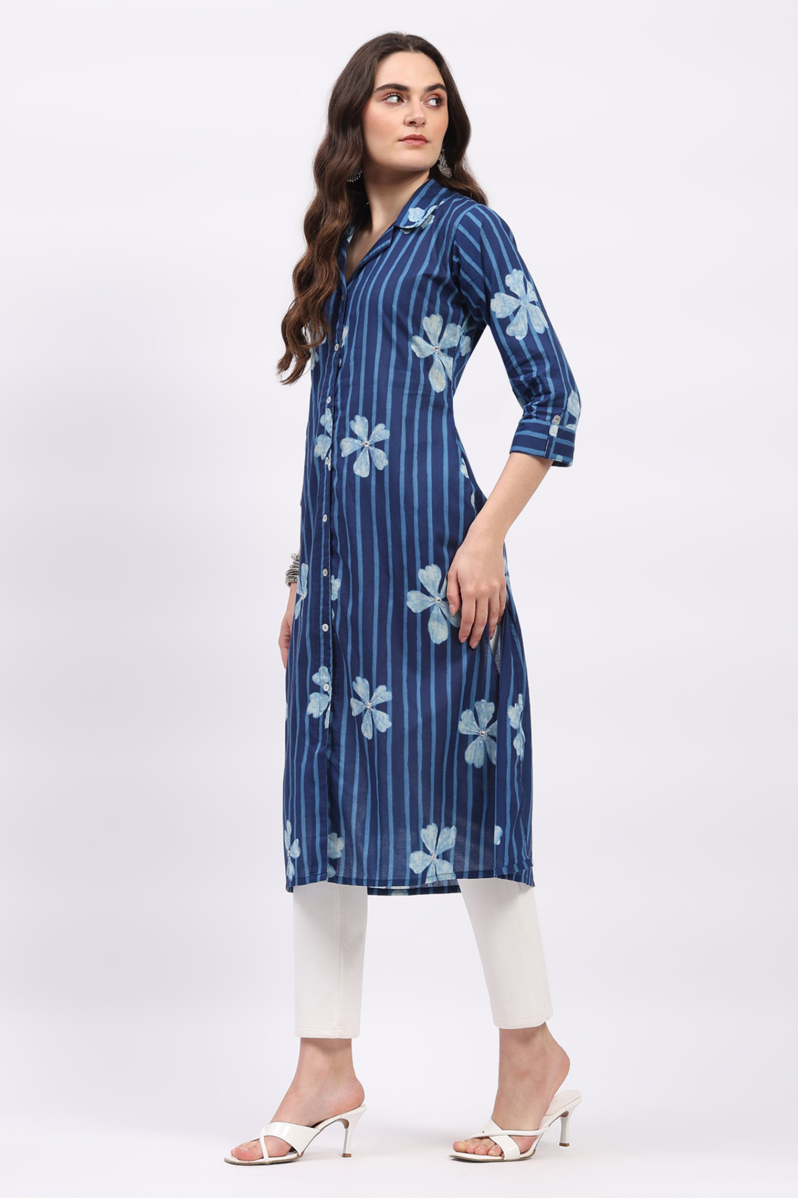 Indigo Cotton Floral Striped Kurta