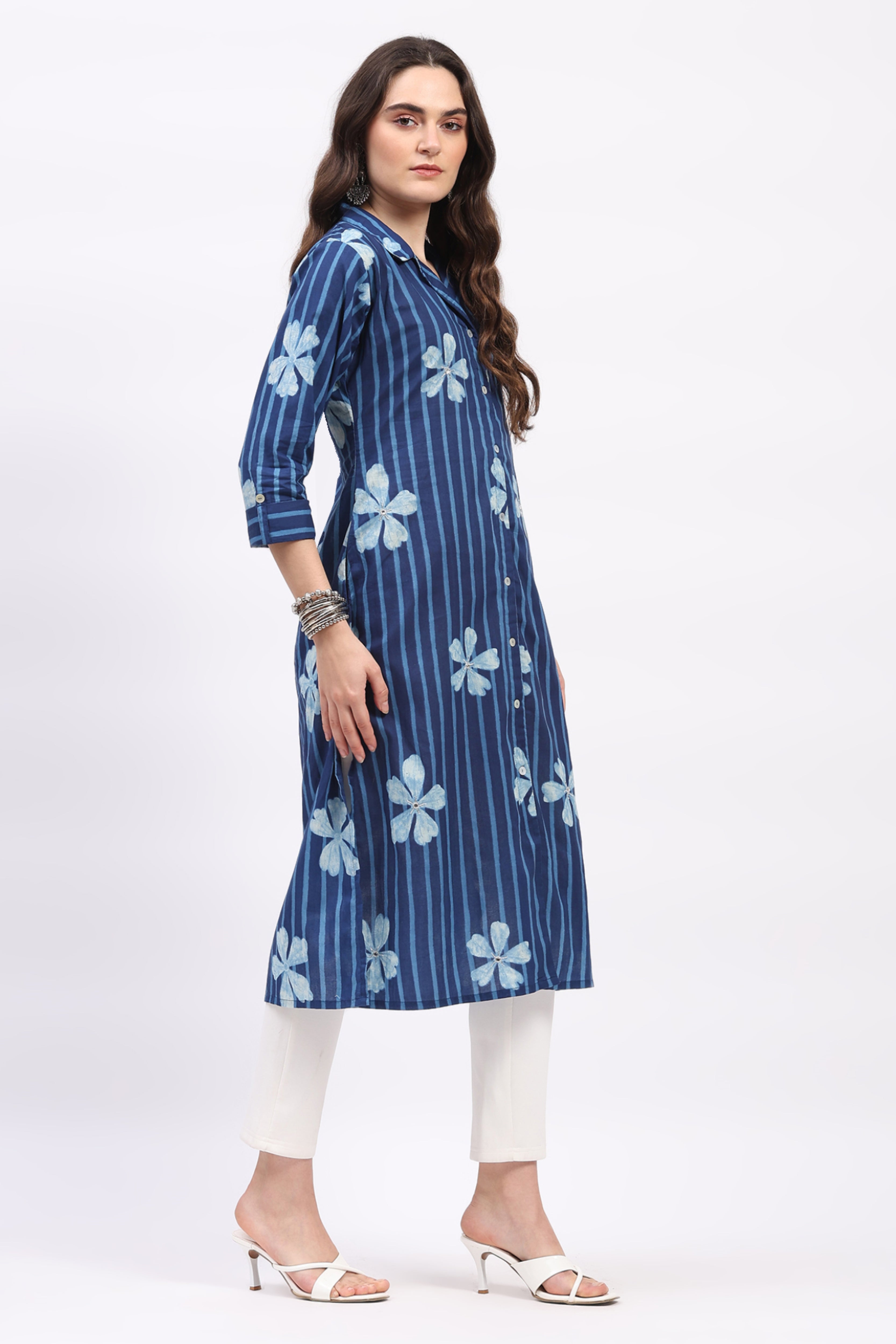 Indigo Cotton Floral Striped Kurta