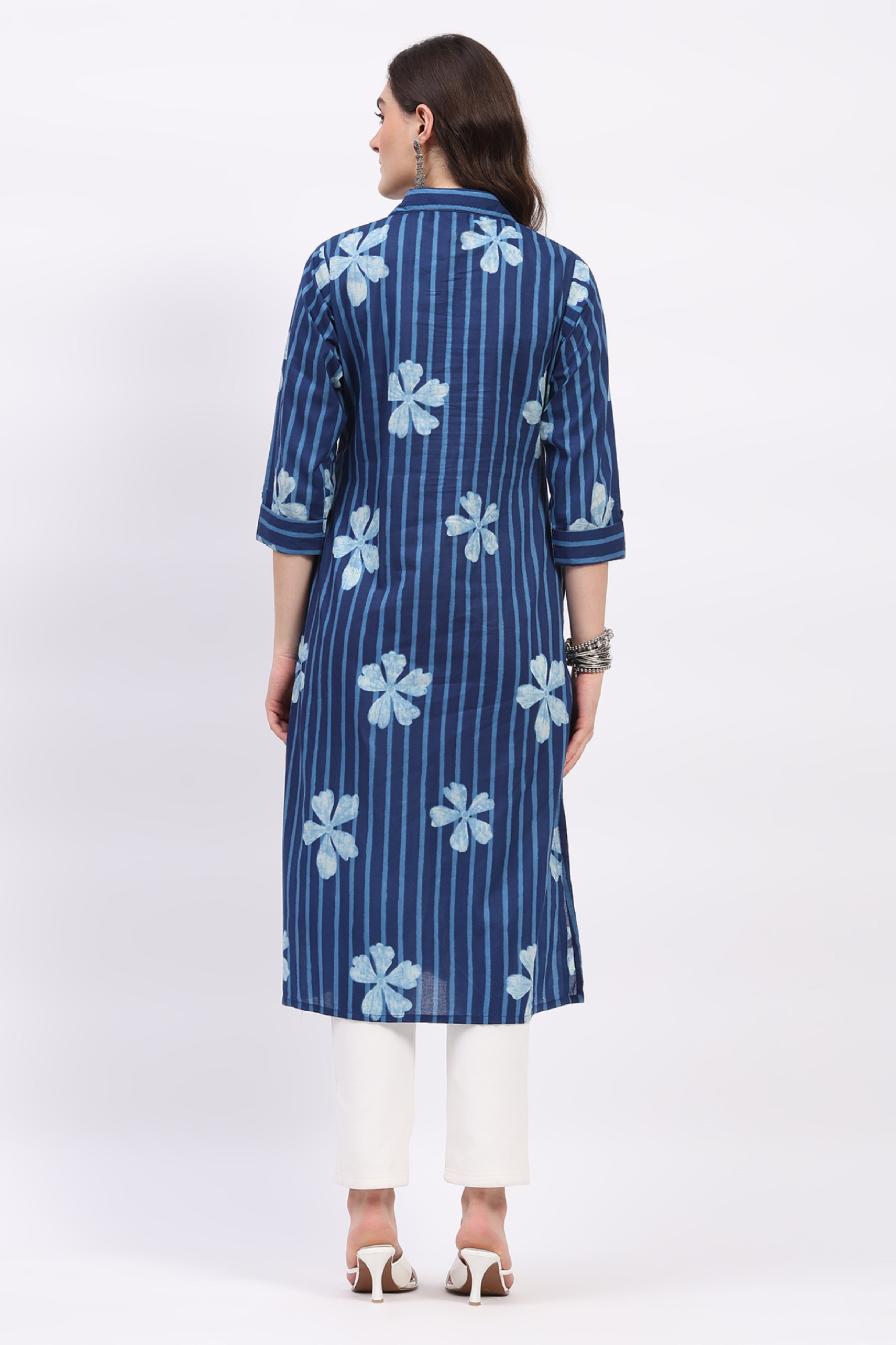 Indigo Cotton Floral Striped Kurta