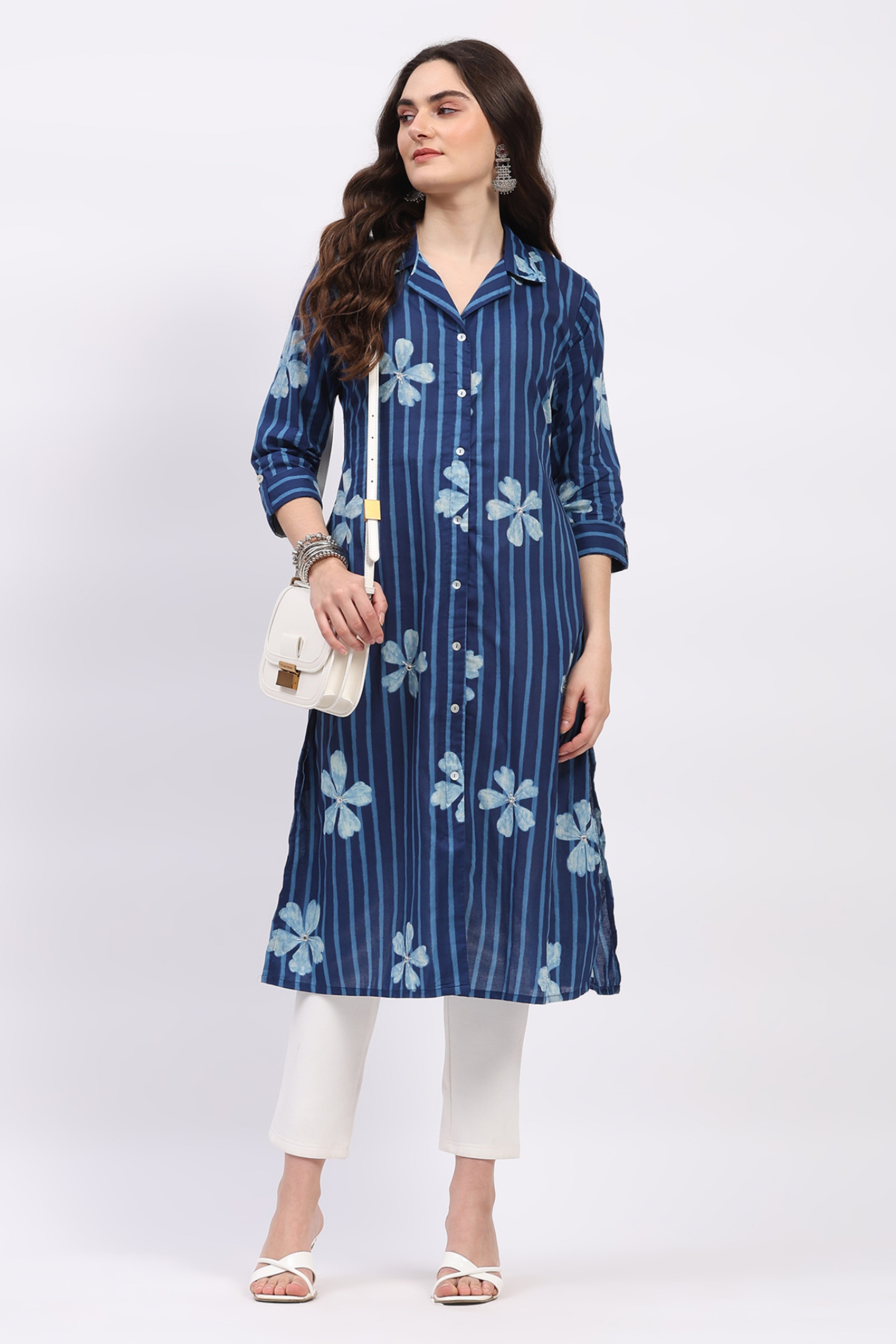 Indigo Cotton Floral Striped Kurta