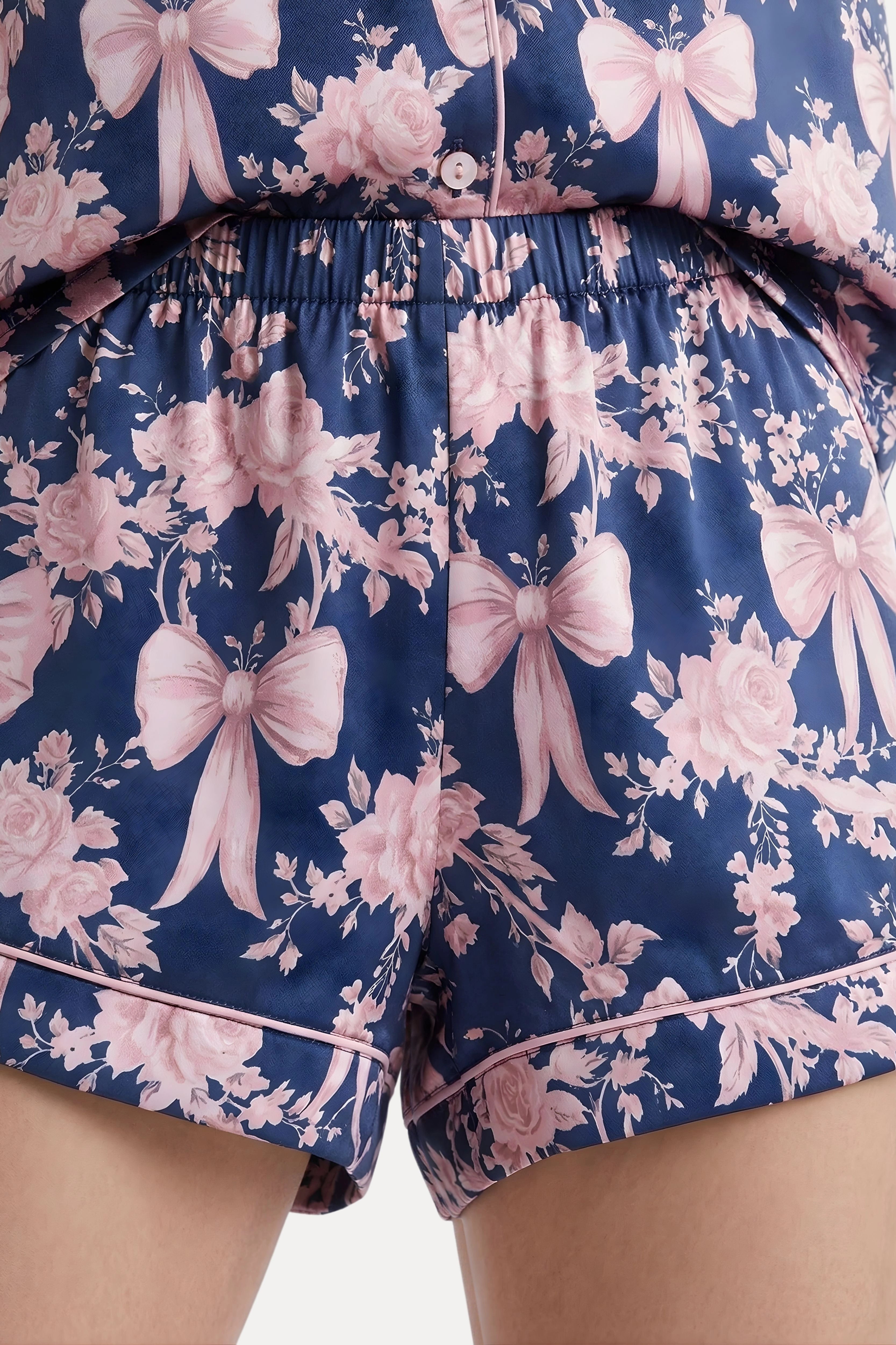 Navy Blue Satin Floral 3-Piece Night Suit Set