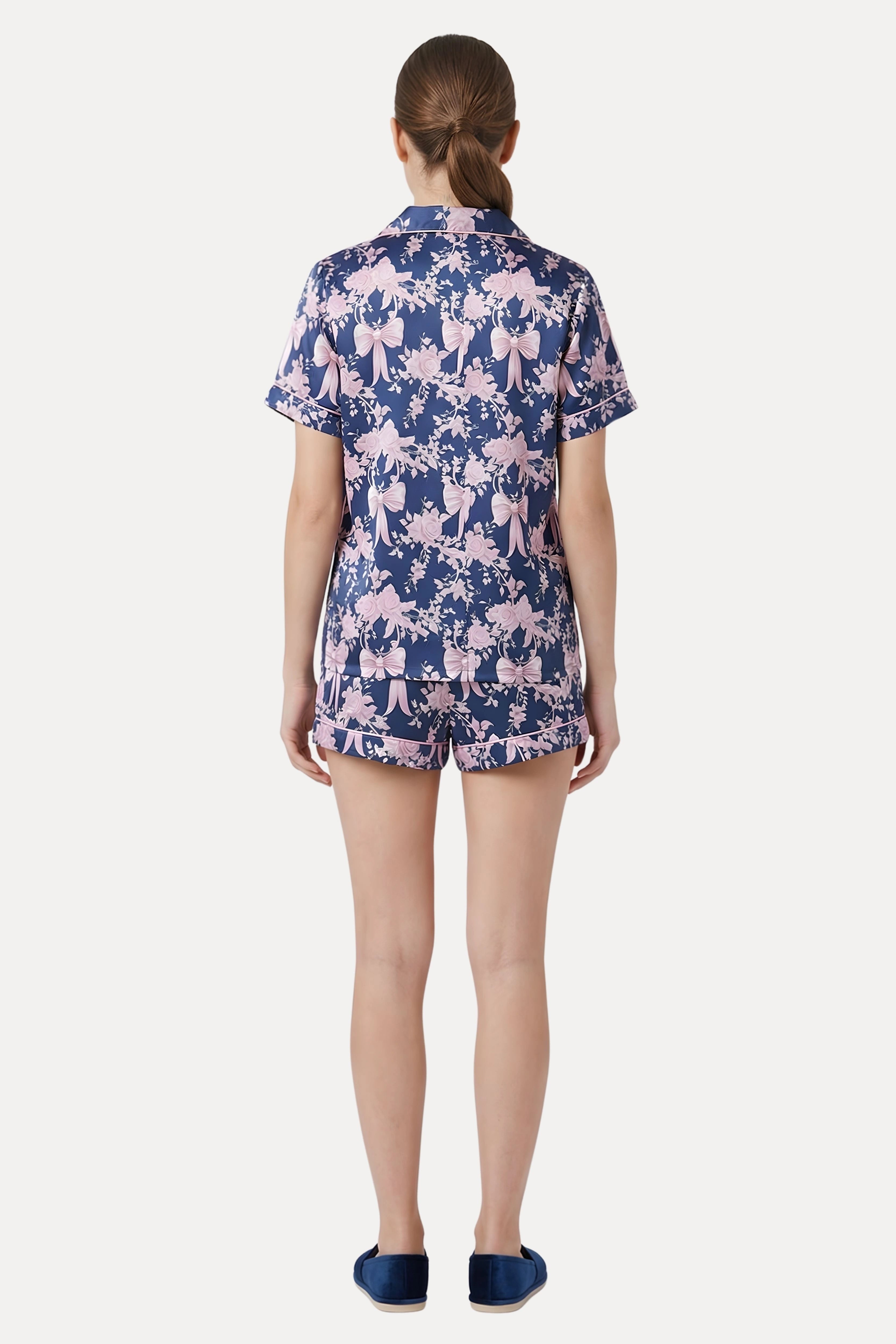 Navy Blue Satin Floral 3-Piece Night Suit Set