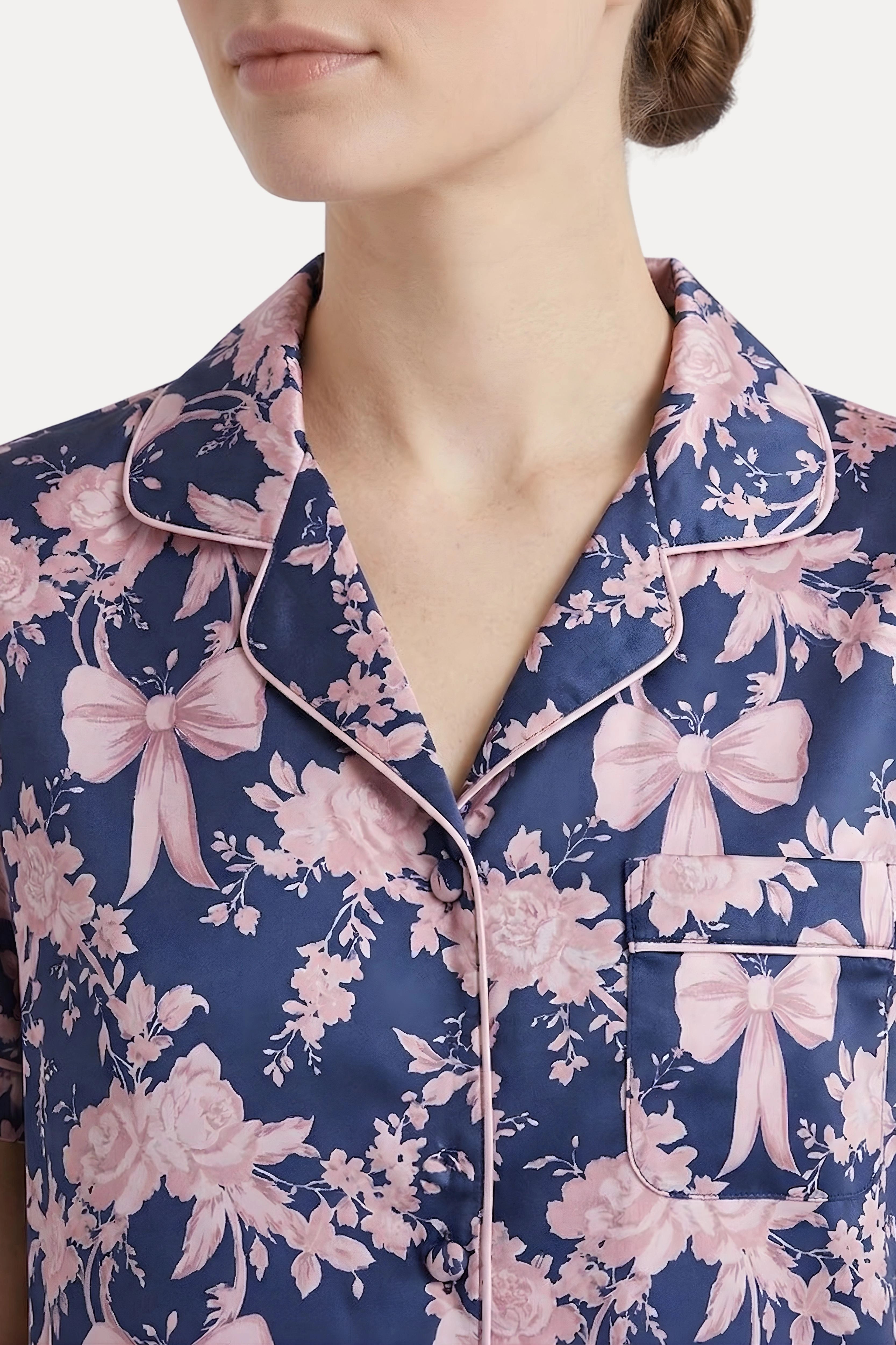 Navy Blue Satin Floral 3-Piece Night Suit Set