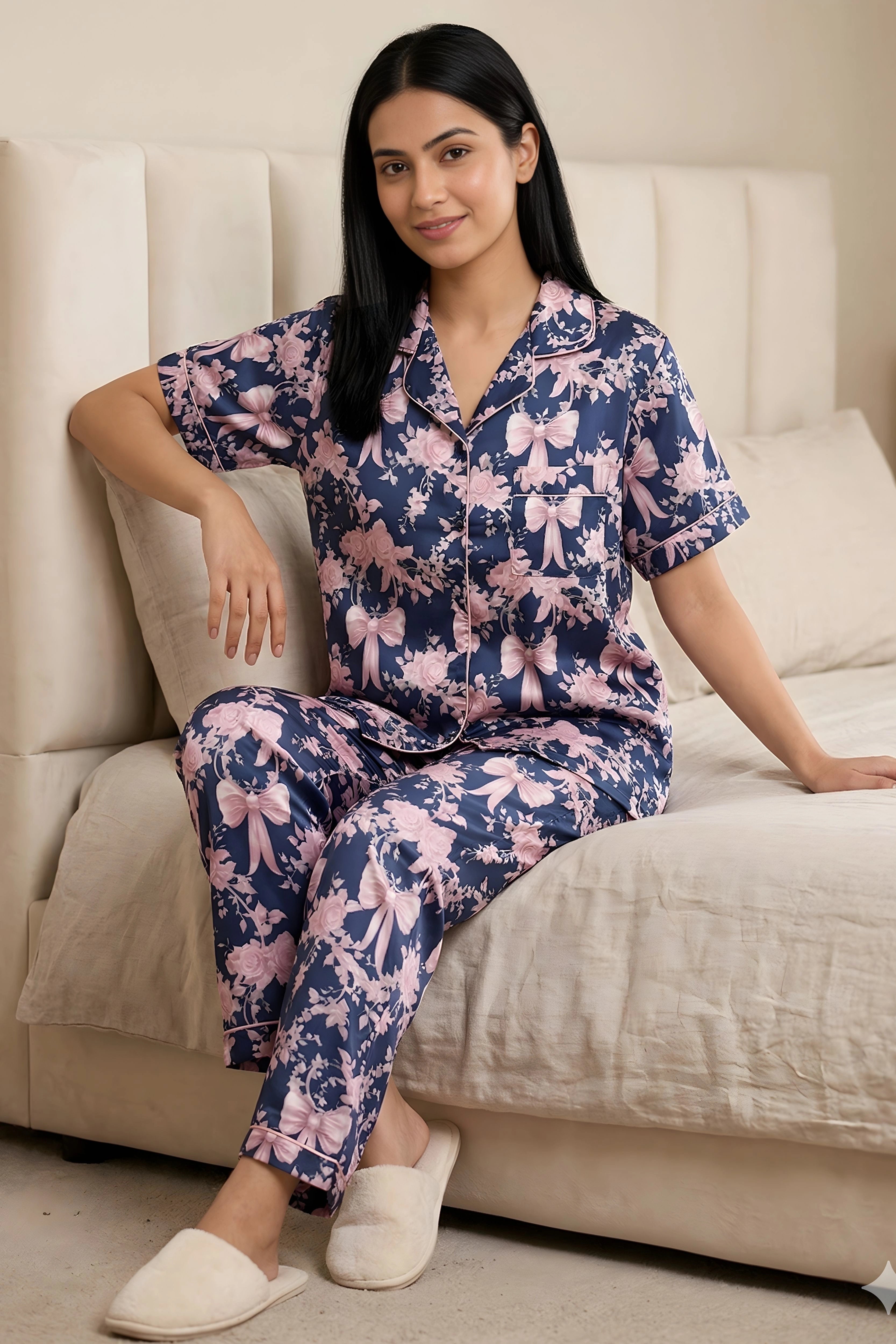 Navy Blue Satin Floral 3-Piece Night Suit Set