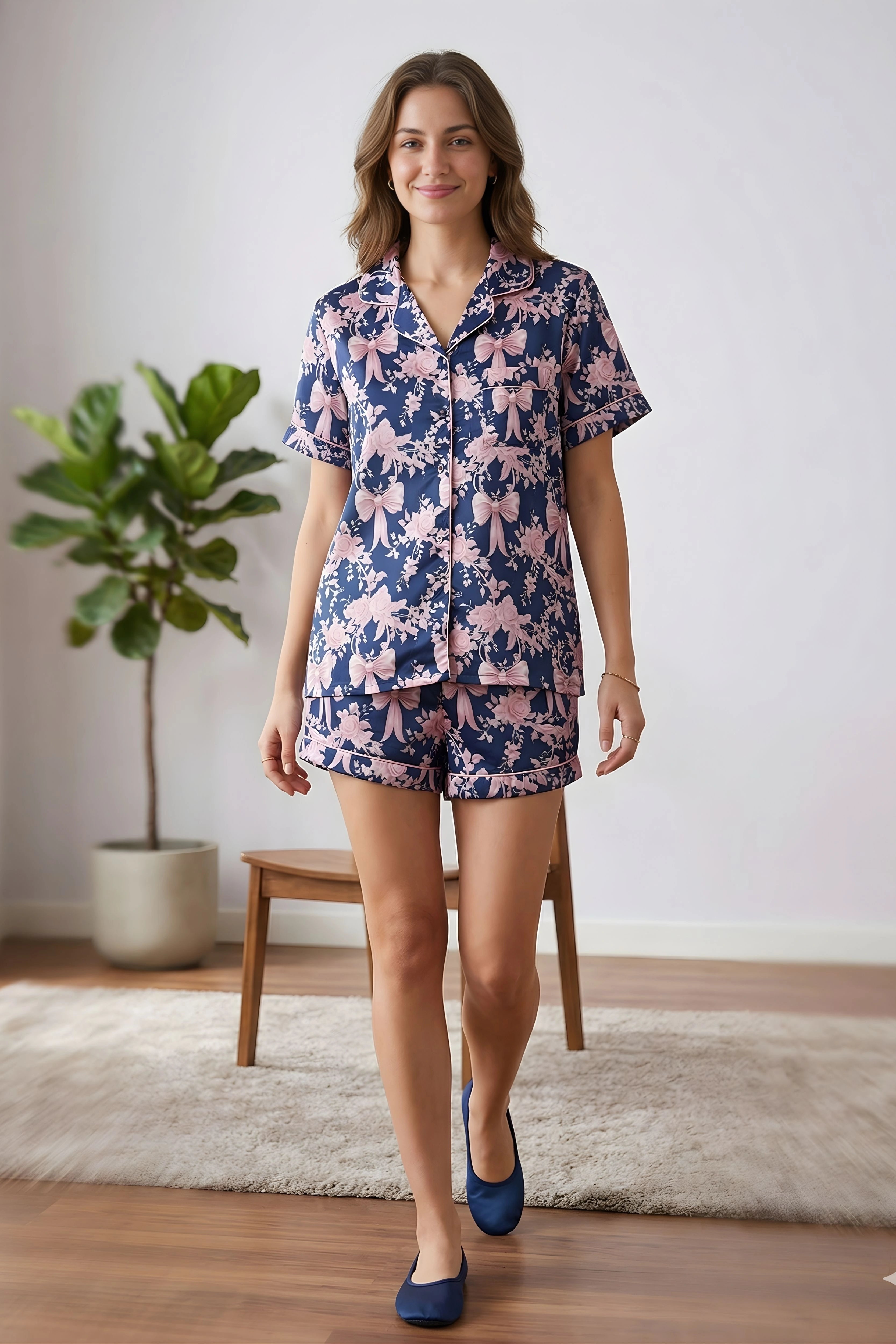 Navy Blue Satin Floral 3-Piece Night Suit Set