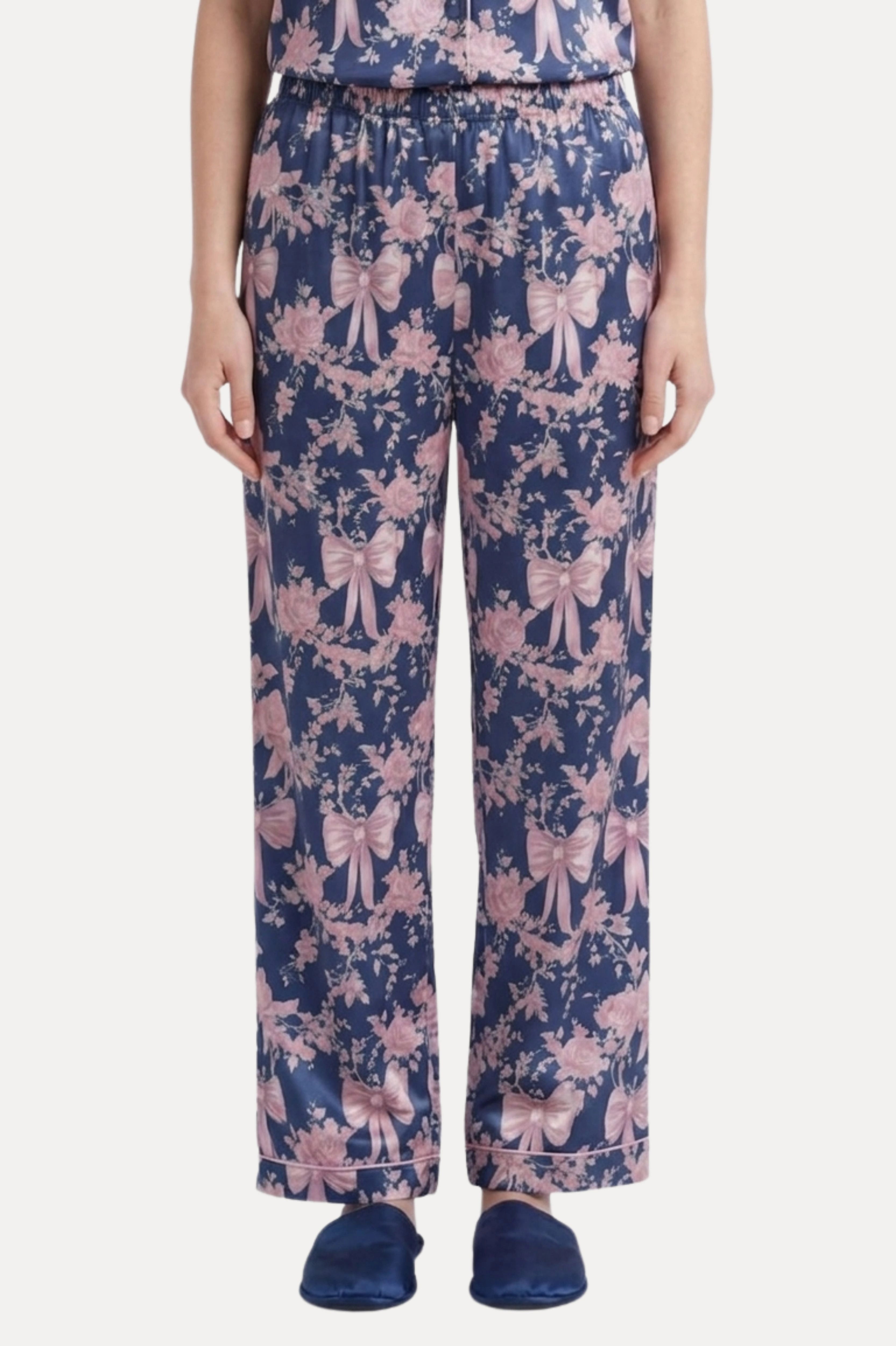 Navy Blue Satin Floral 3-Piece Night Suit Set