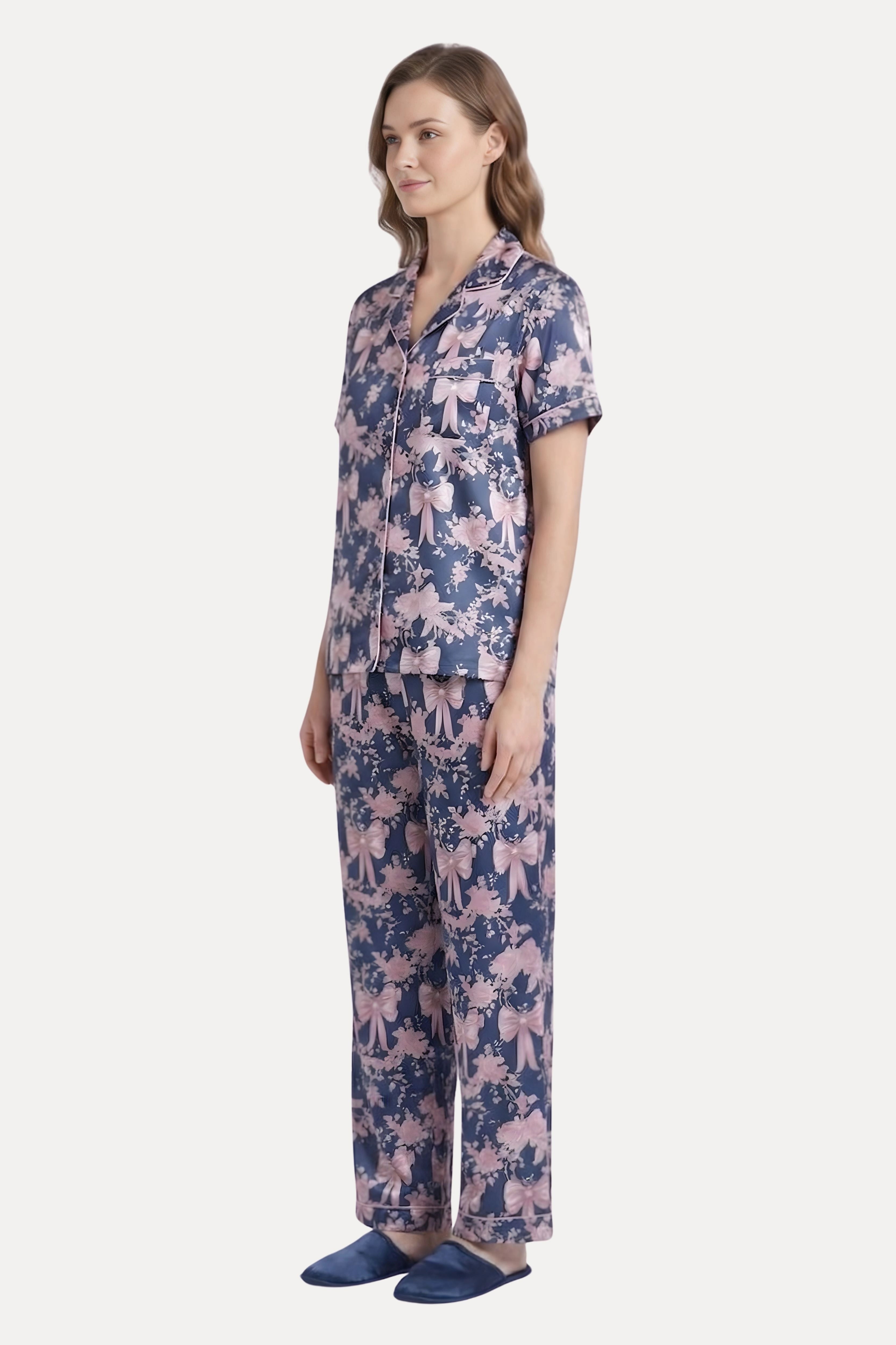 Navy Blue Satin Floral 3-Piece Night Suit Set