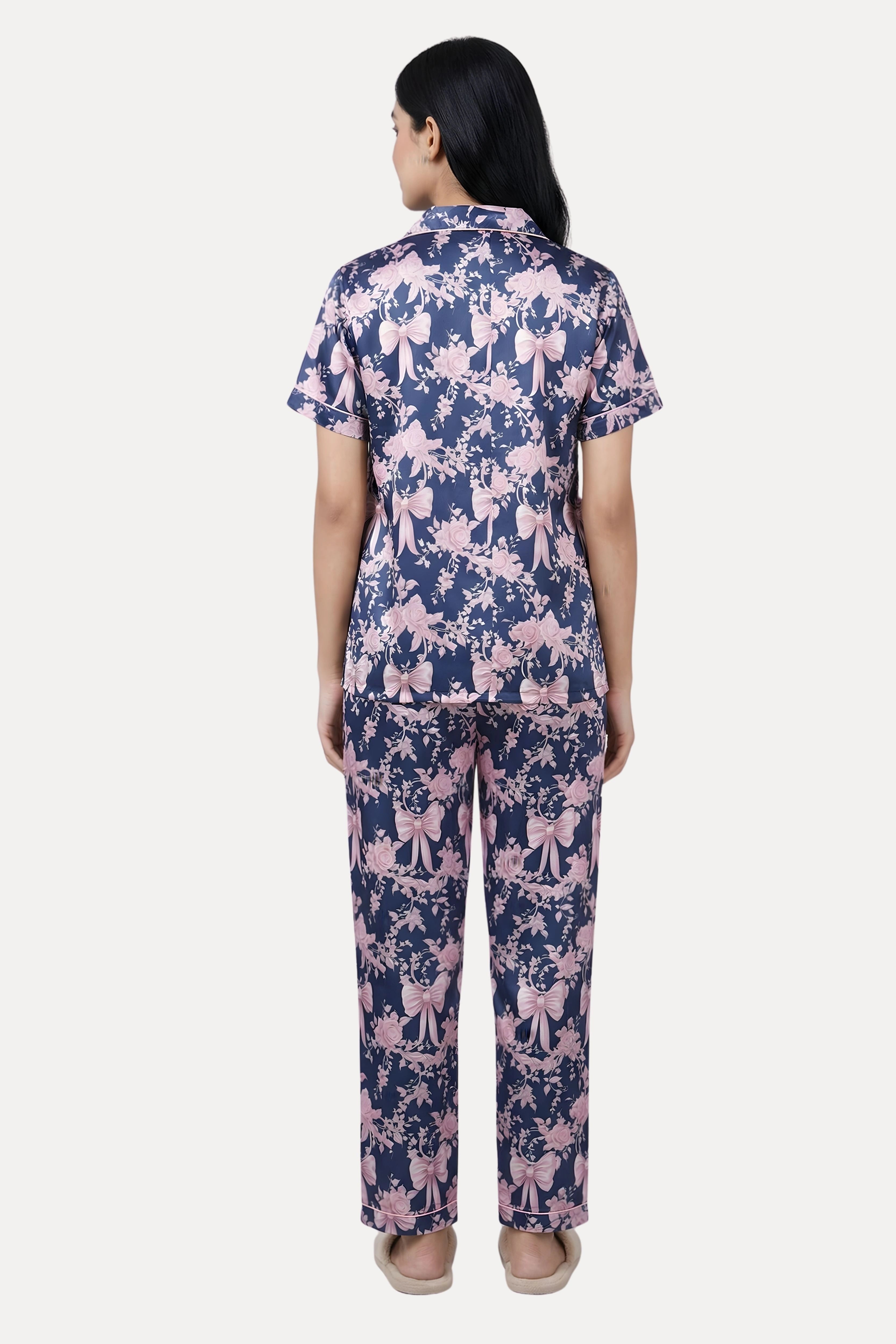 Navy Blue Satin Floral 3-Piece Night Suit Set