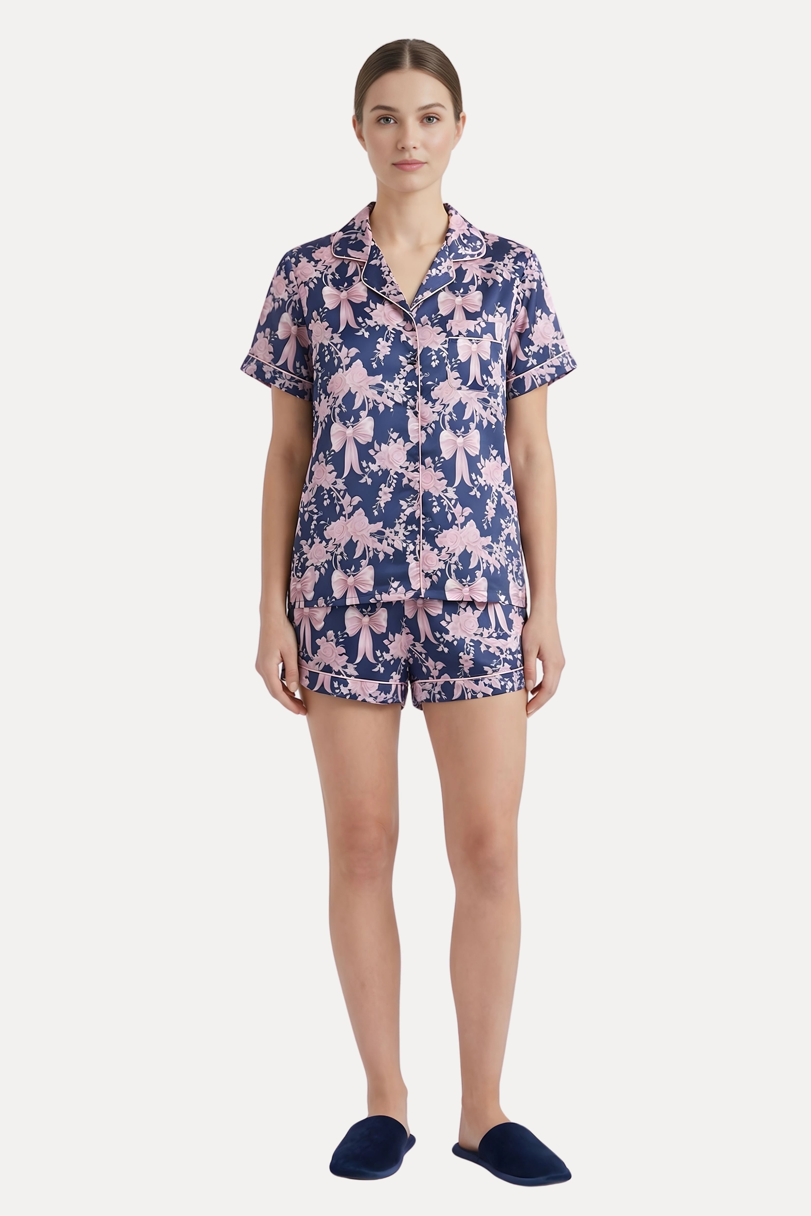 Navy Blue Satin Floral 3-Piece Night Suit Set