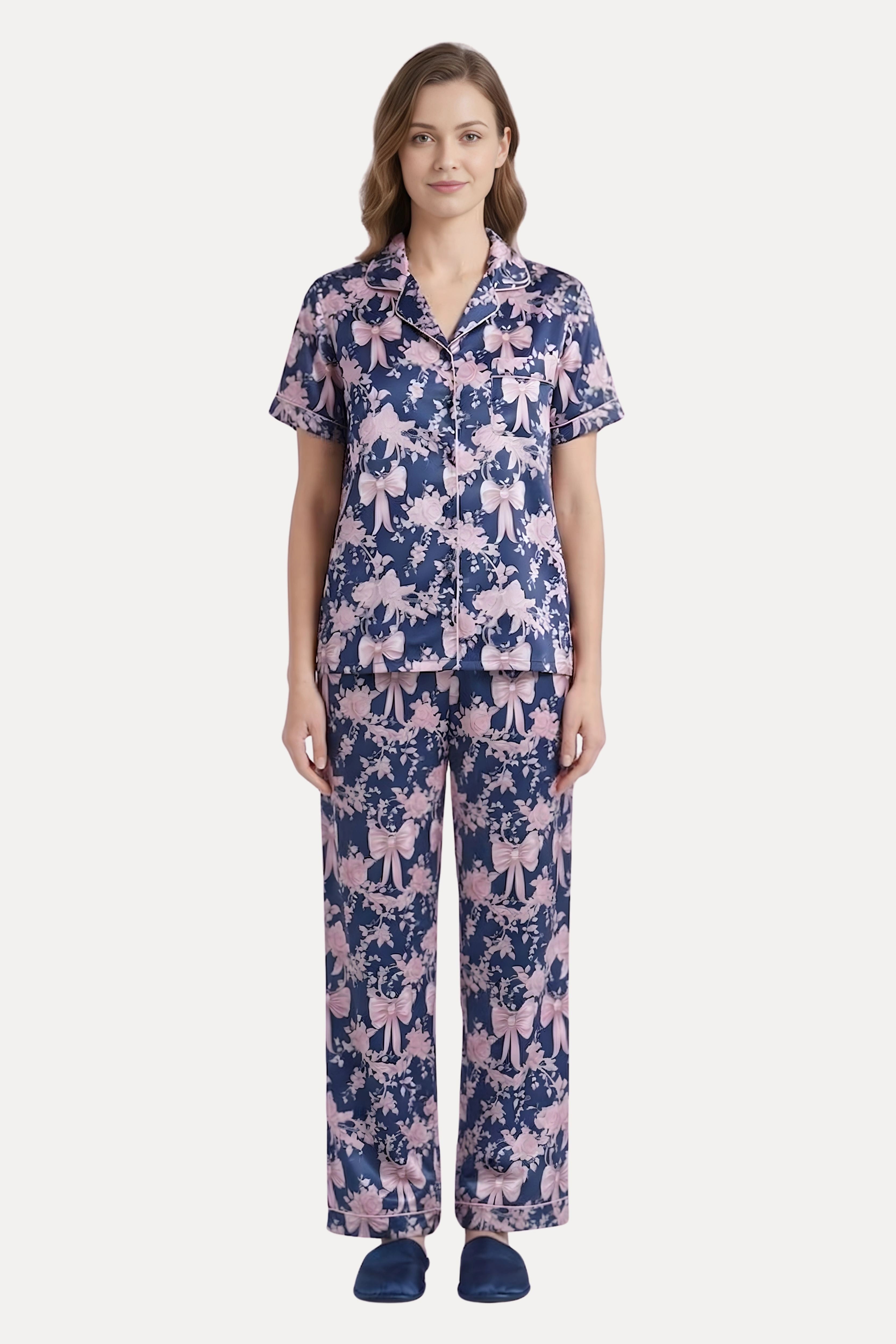 Navy Blue Satin Floral 3-Piece Night Suit Set