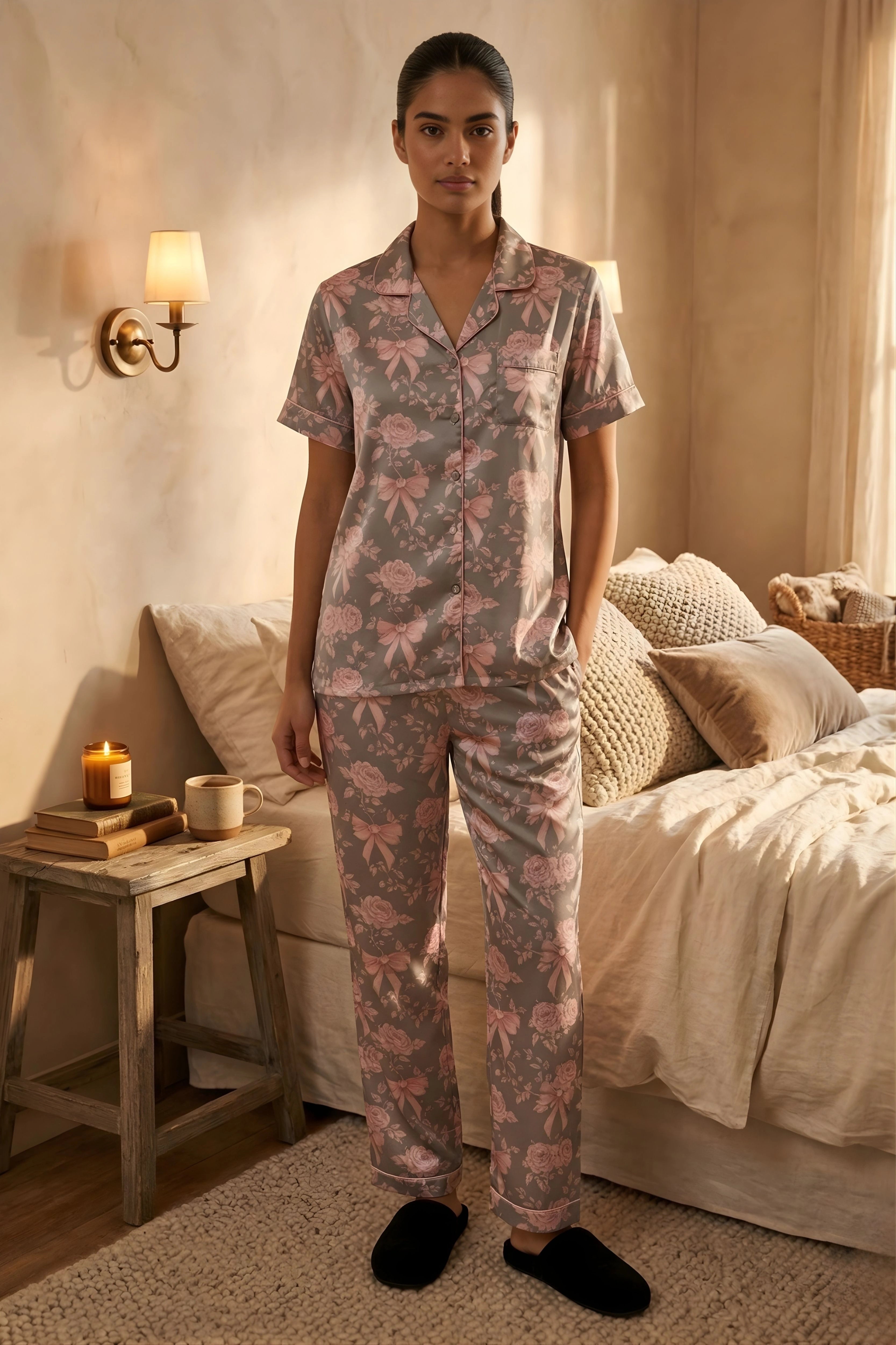 Grey Pastel Floral Satin 3-Piece Night Suit Set