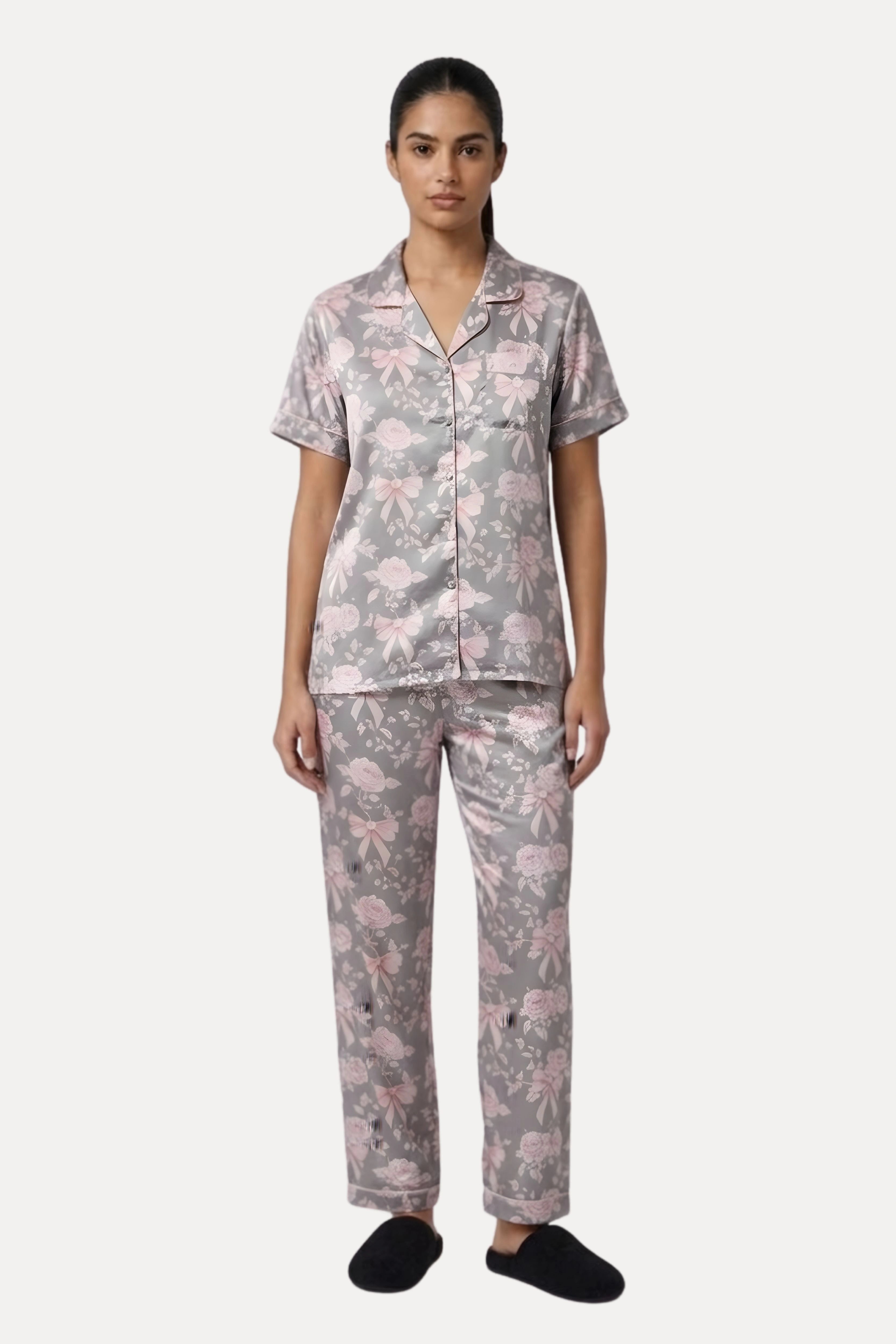 Grey Pastel Floral Satin 3-Piece Night Suit Set