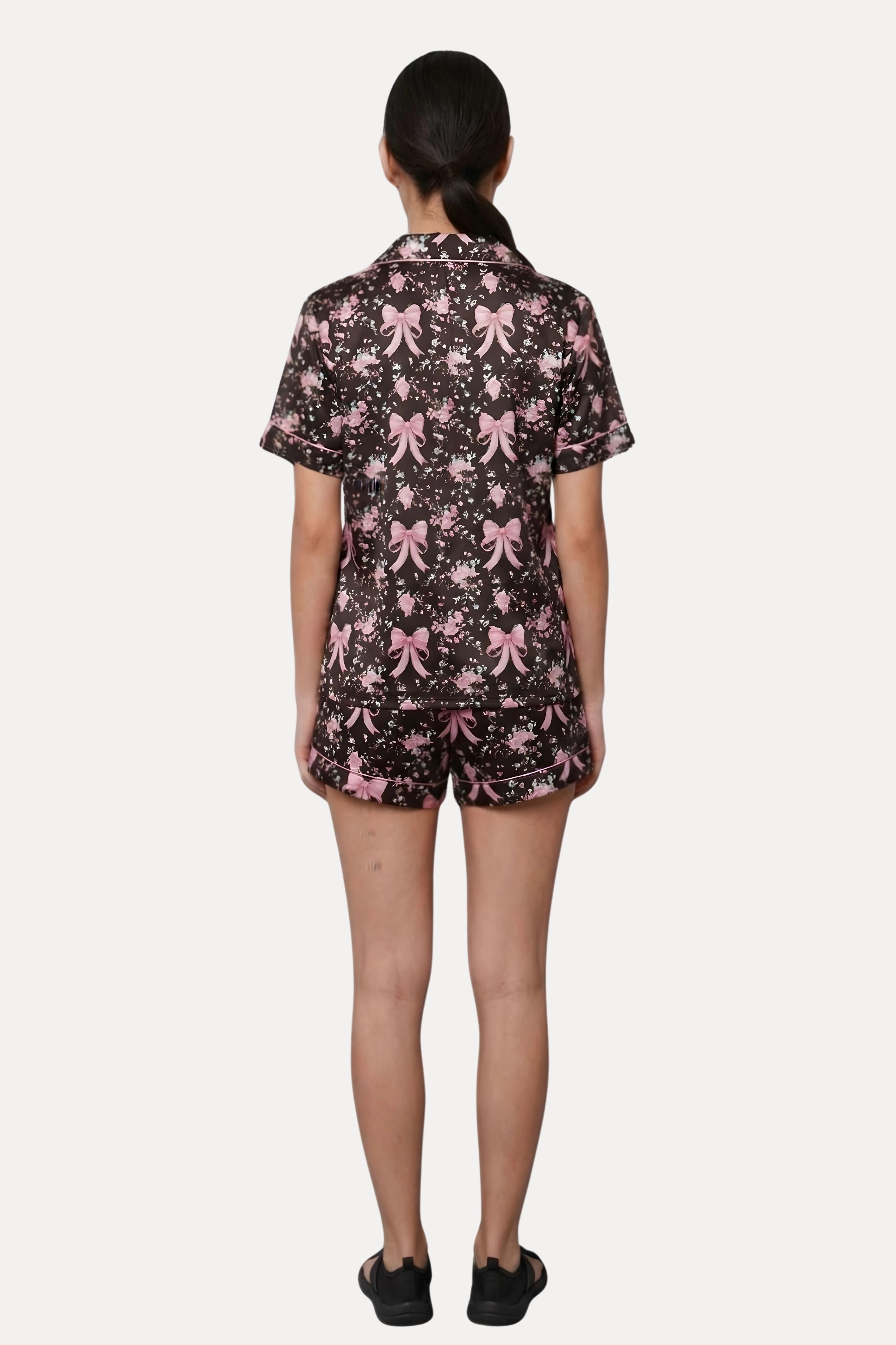 Black Floral Poly Satin 3-Piece Night Suit Set