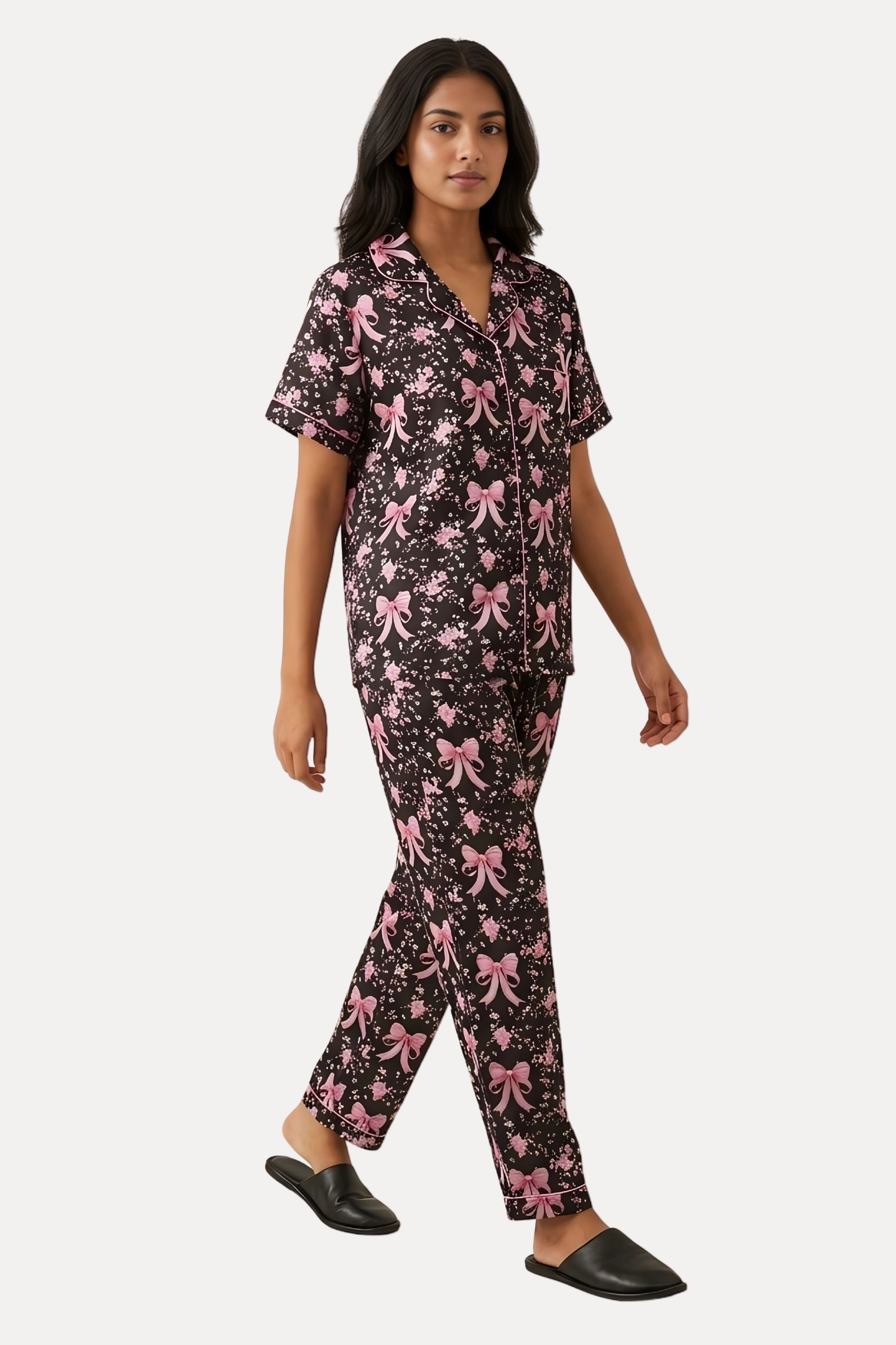 Black Floral Poly Satin 3-Piece Night Suit Set