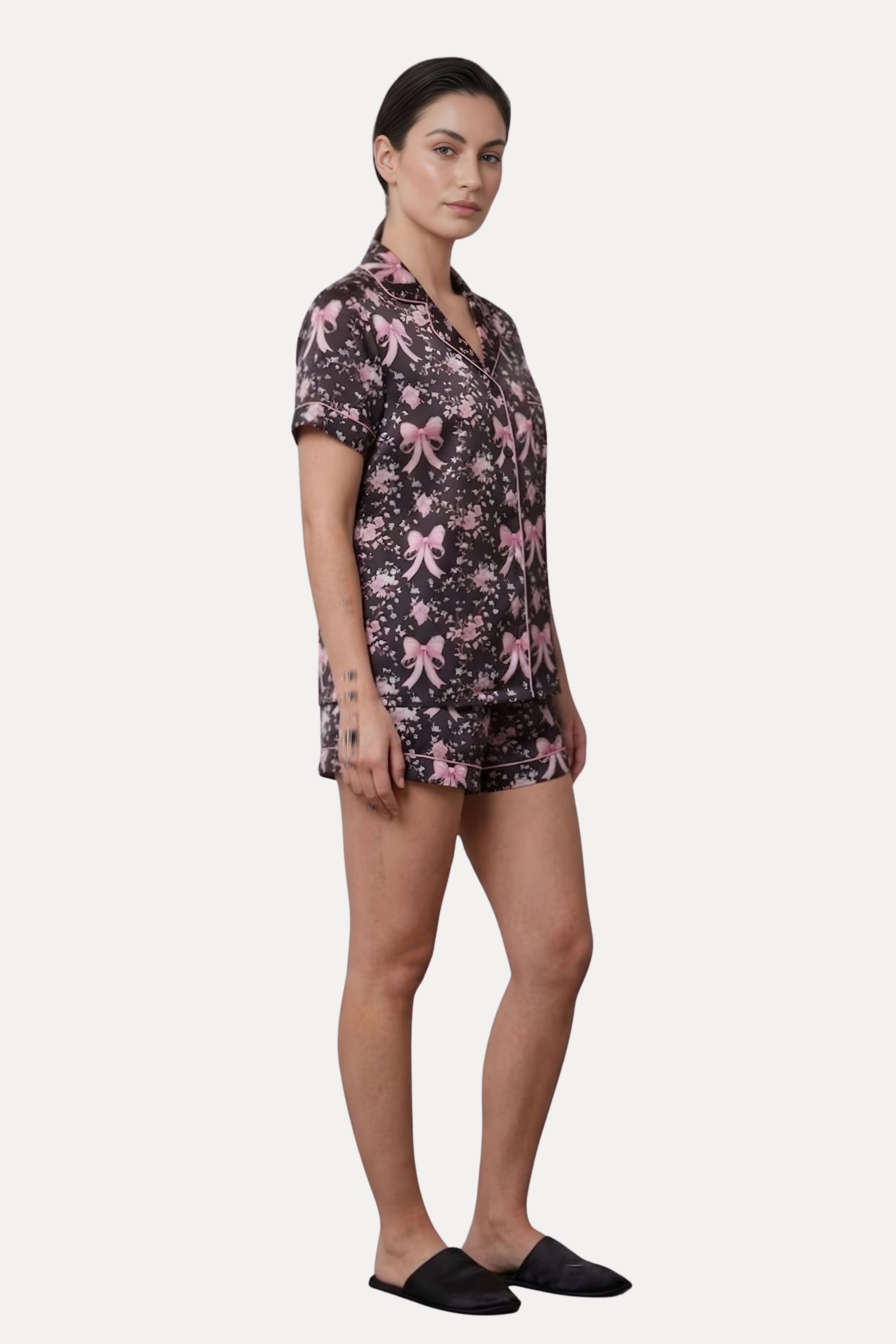 Black Floral Poly Satin 3-Piece Night Suit Set