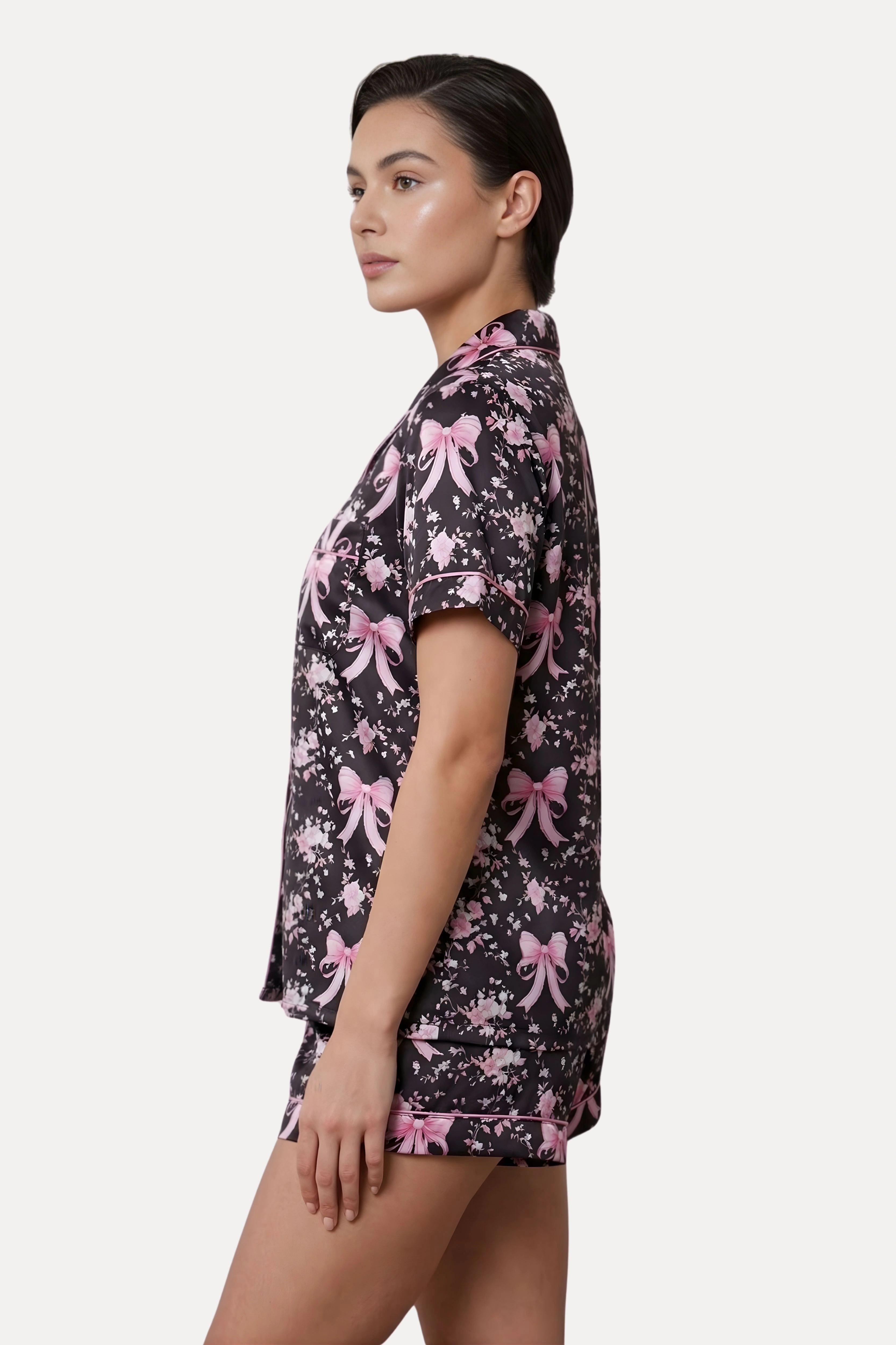 Black Floral Poly Satin 3-Piece Night Suit Set