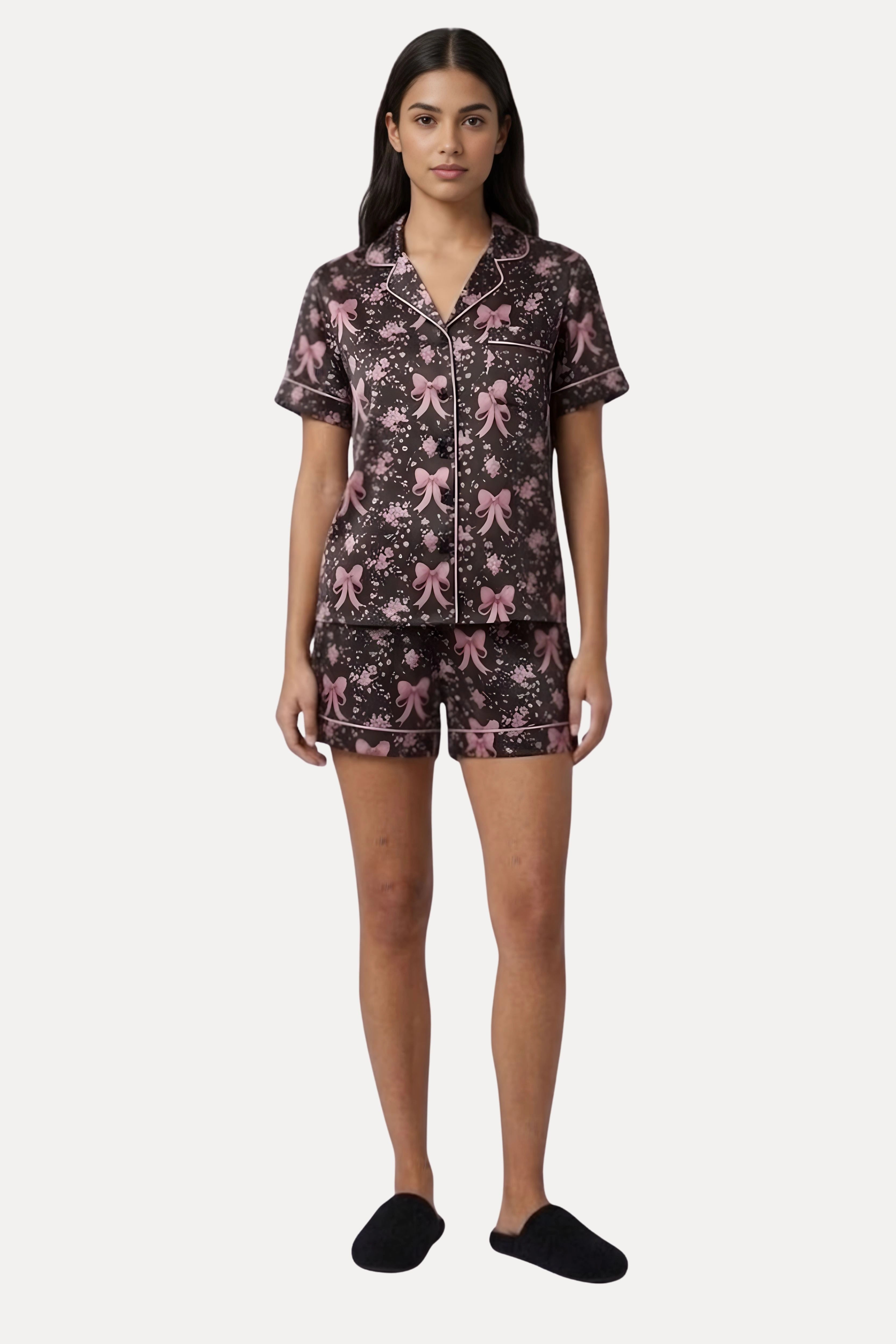 Black Floral Poly Satin 3-Piece Night Suit Set