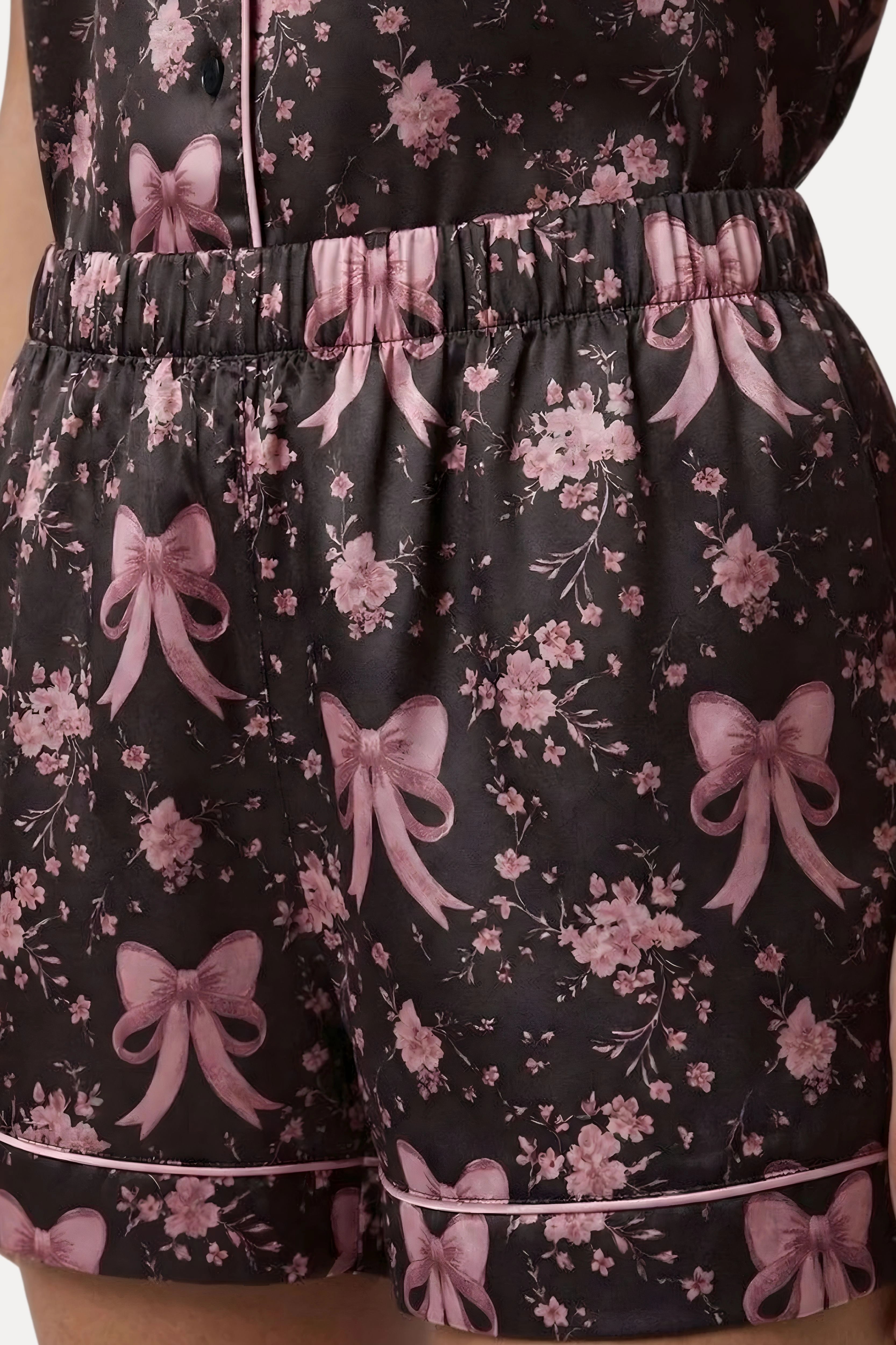 Black Floral Poly Satin 3-Piece Night Suit Set