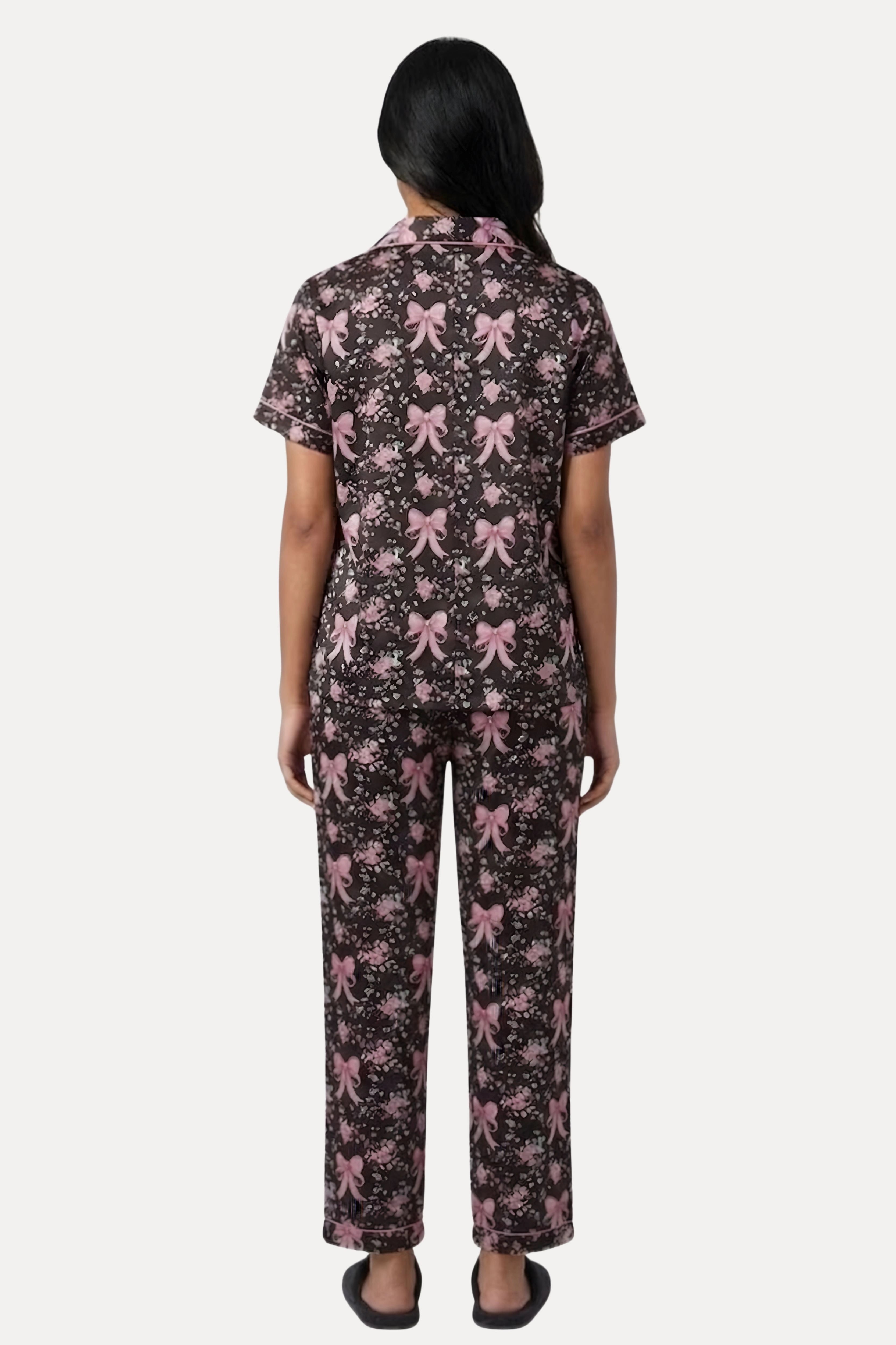 Black Floral Poly Satin 3-Piece Night Suit Set