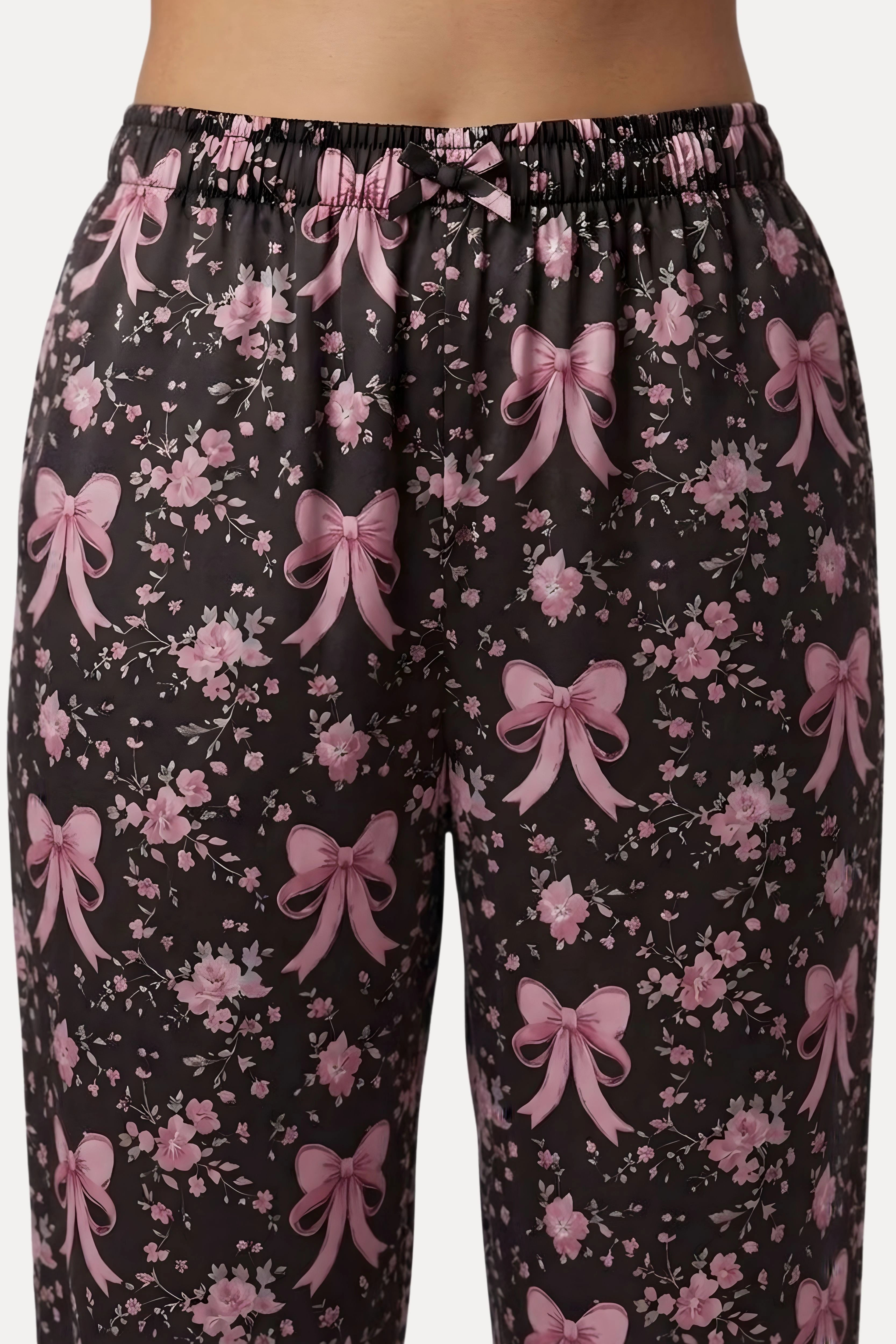 Black Floral Poly Satin 3-Piece Night Suit Set