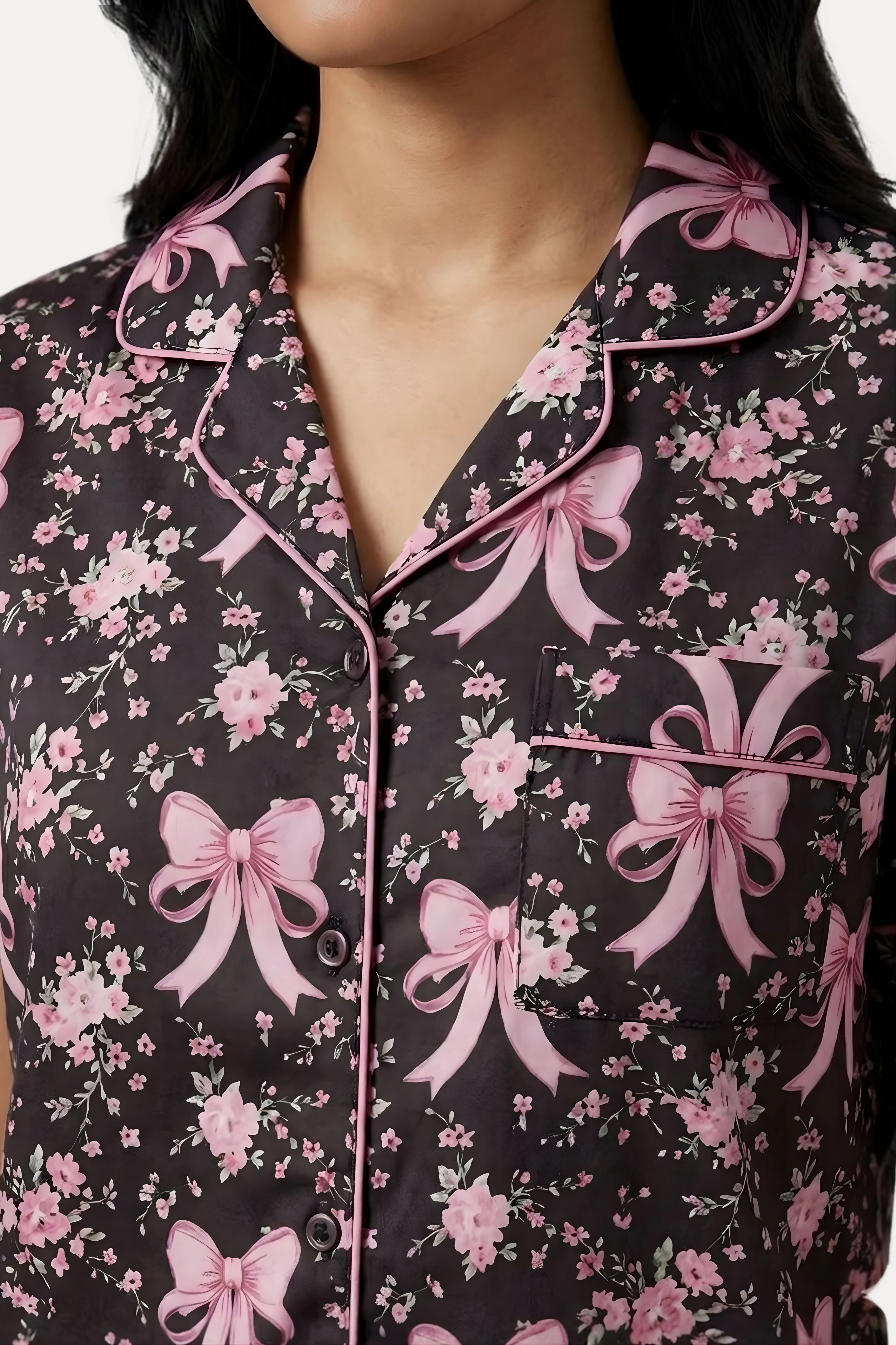 Black Floral Poly Satin 3-Piece Night Suit Set