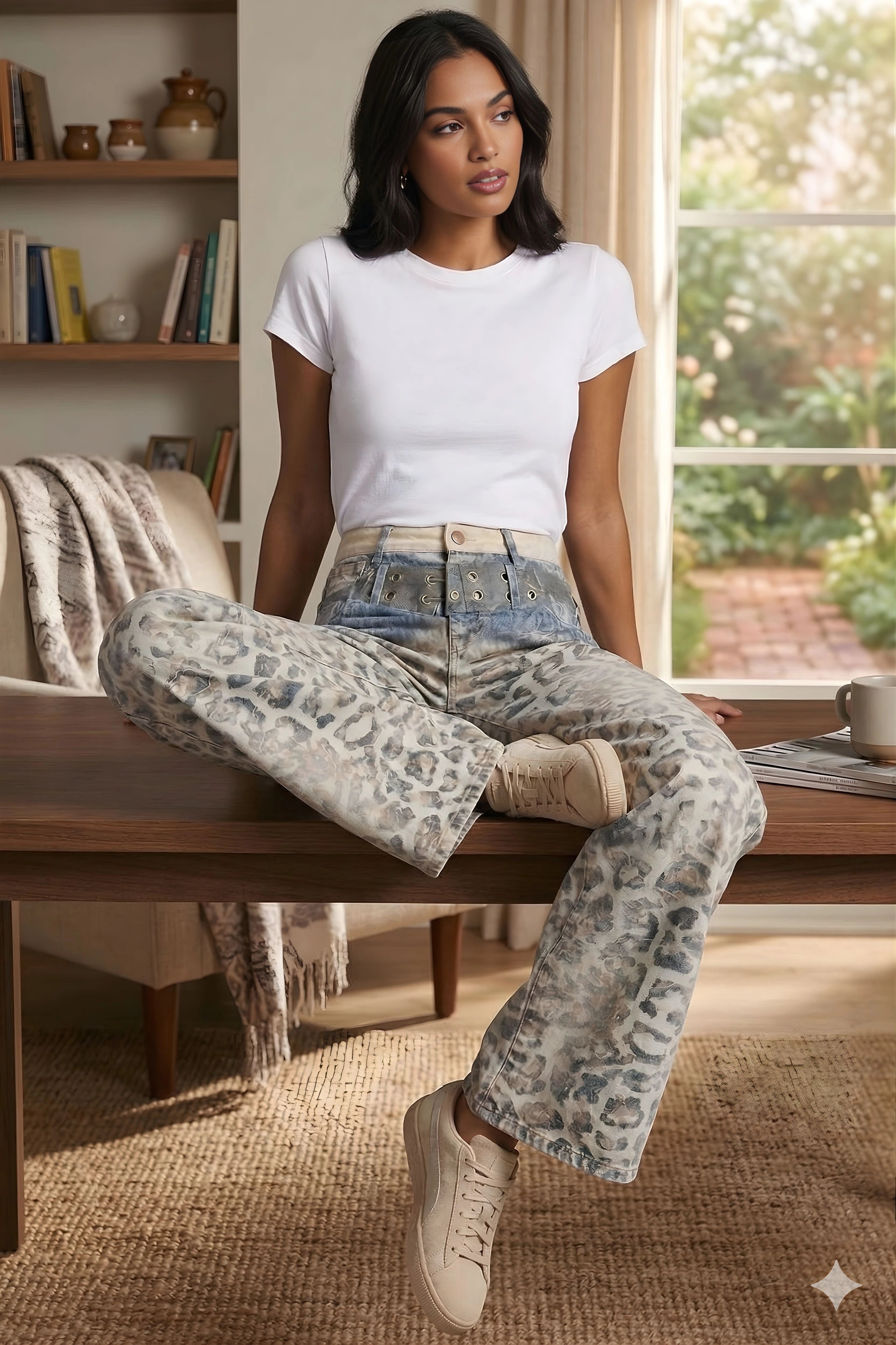 Grey Animal Print Baggy Denim Jeans