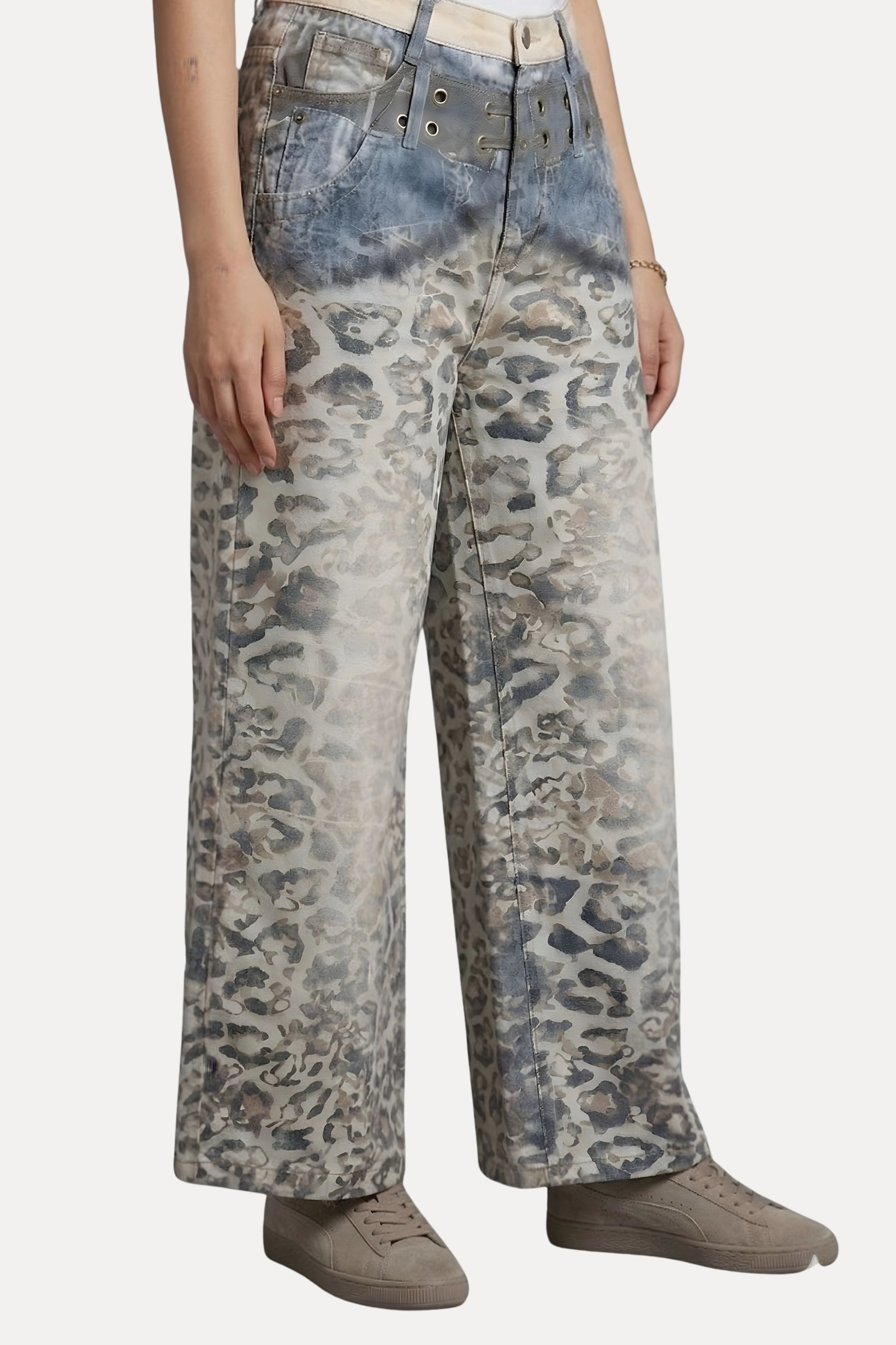 Grey Animal Print Baggy Denim Jeans