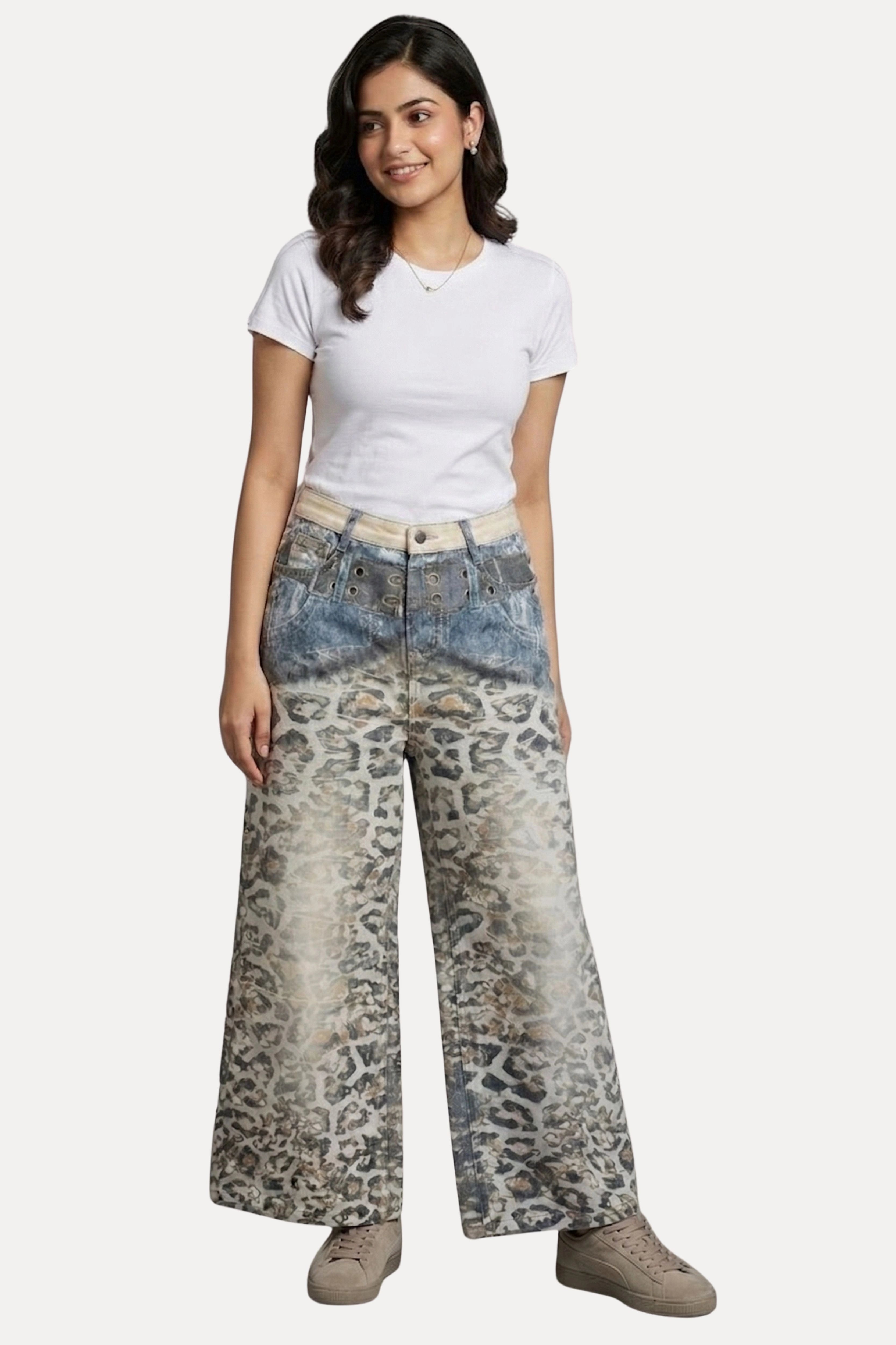 Grey Animal Print Baggy Denim Jeans