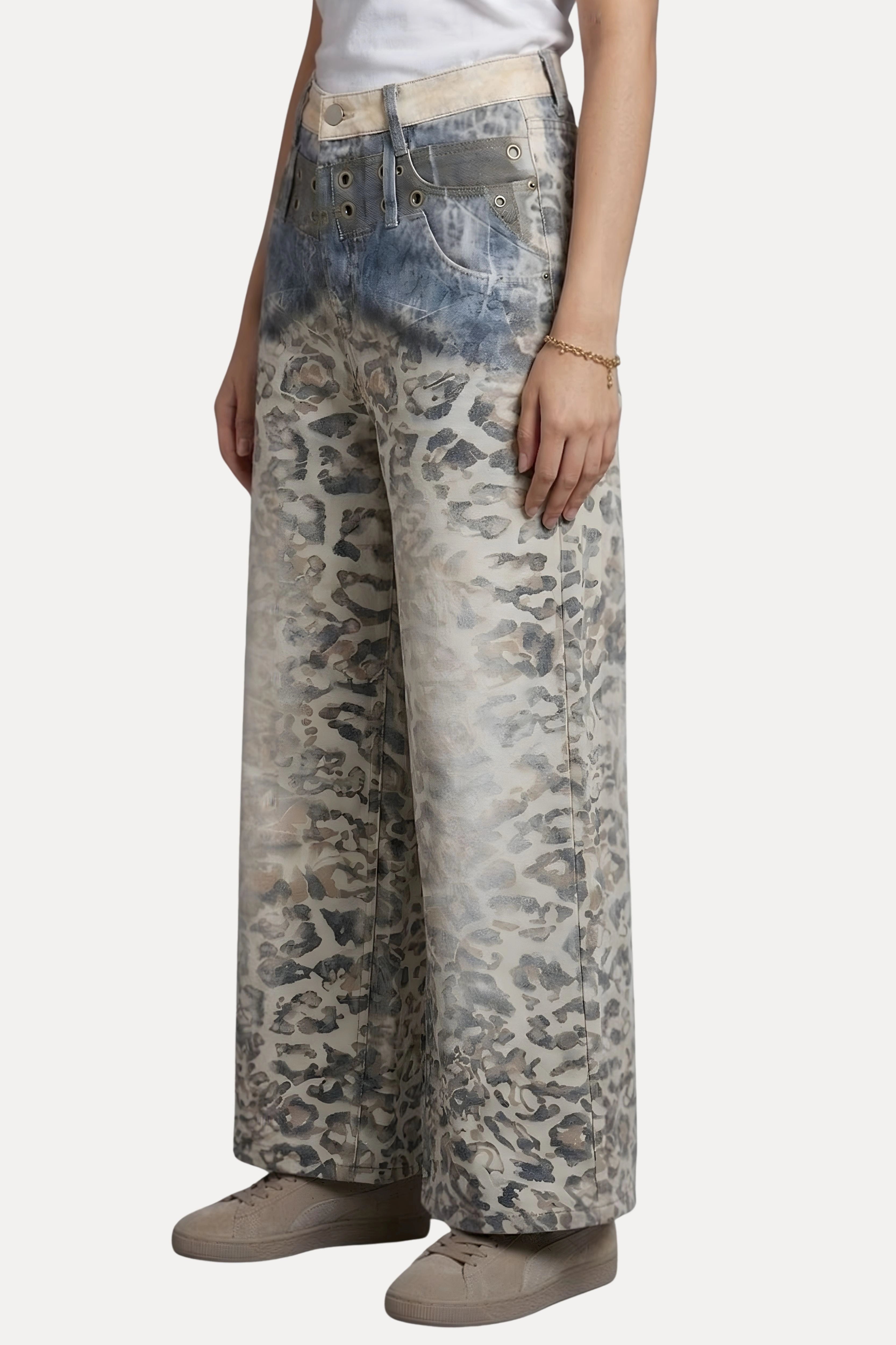 Grey Animal Print Baggy Denim Jeans