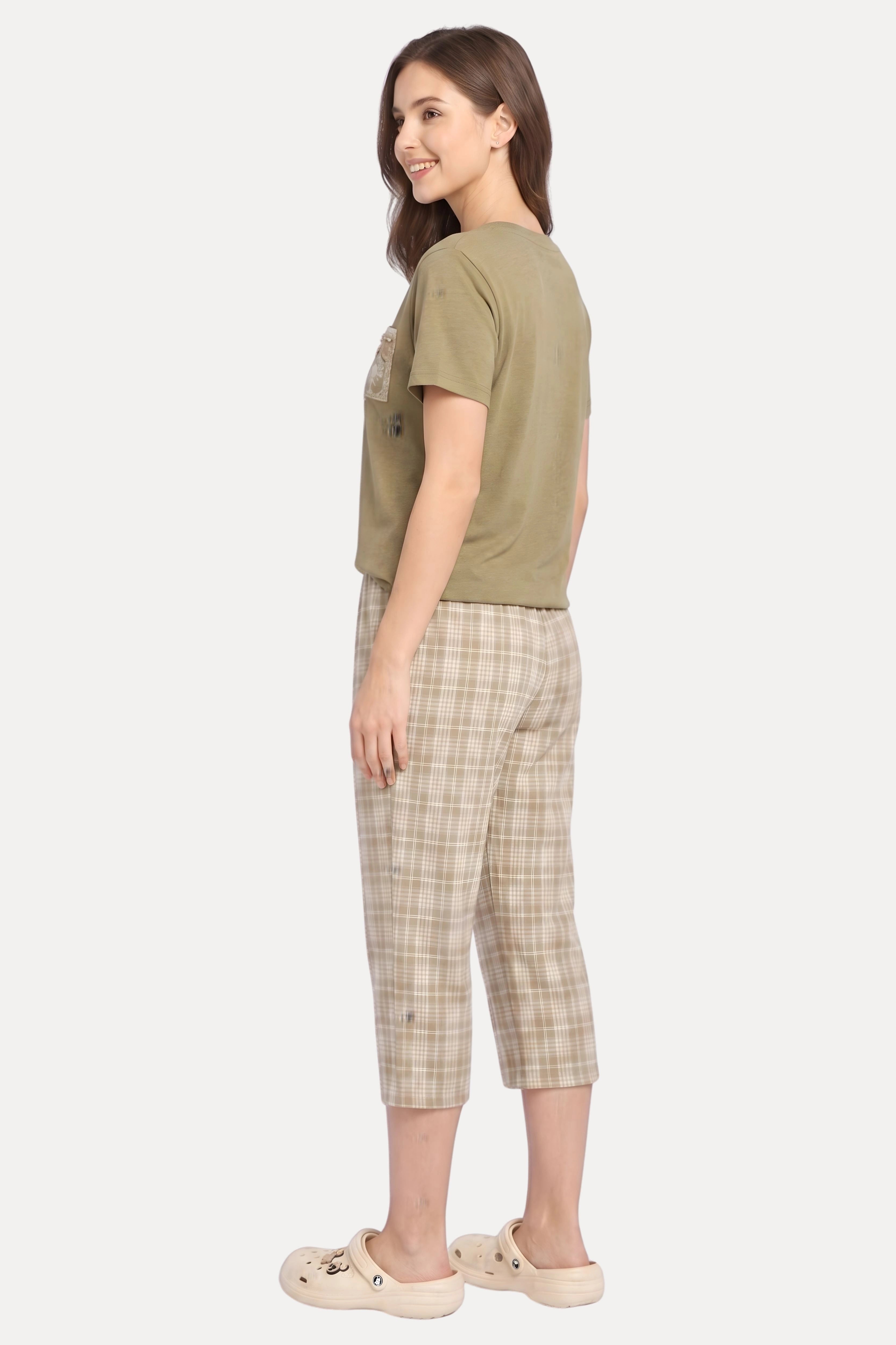 Green Cotton Capri Night Suit Set