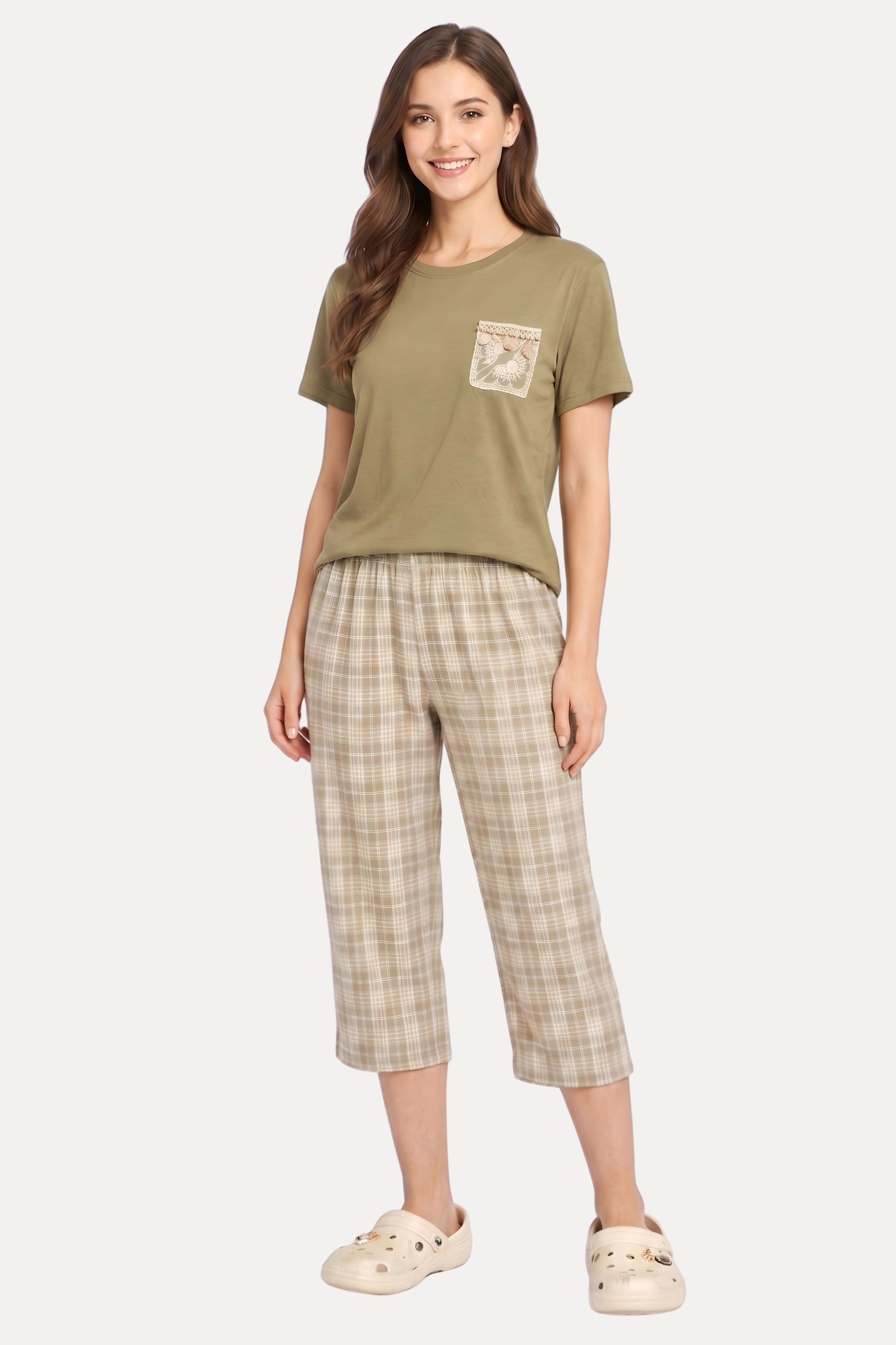 Green Cotton Capri Night Suit Set