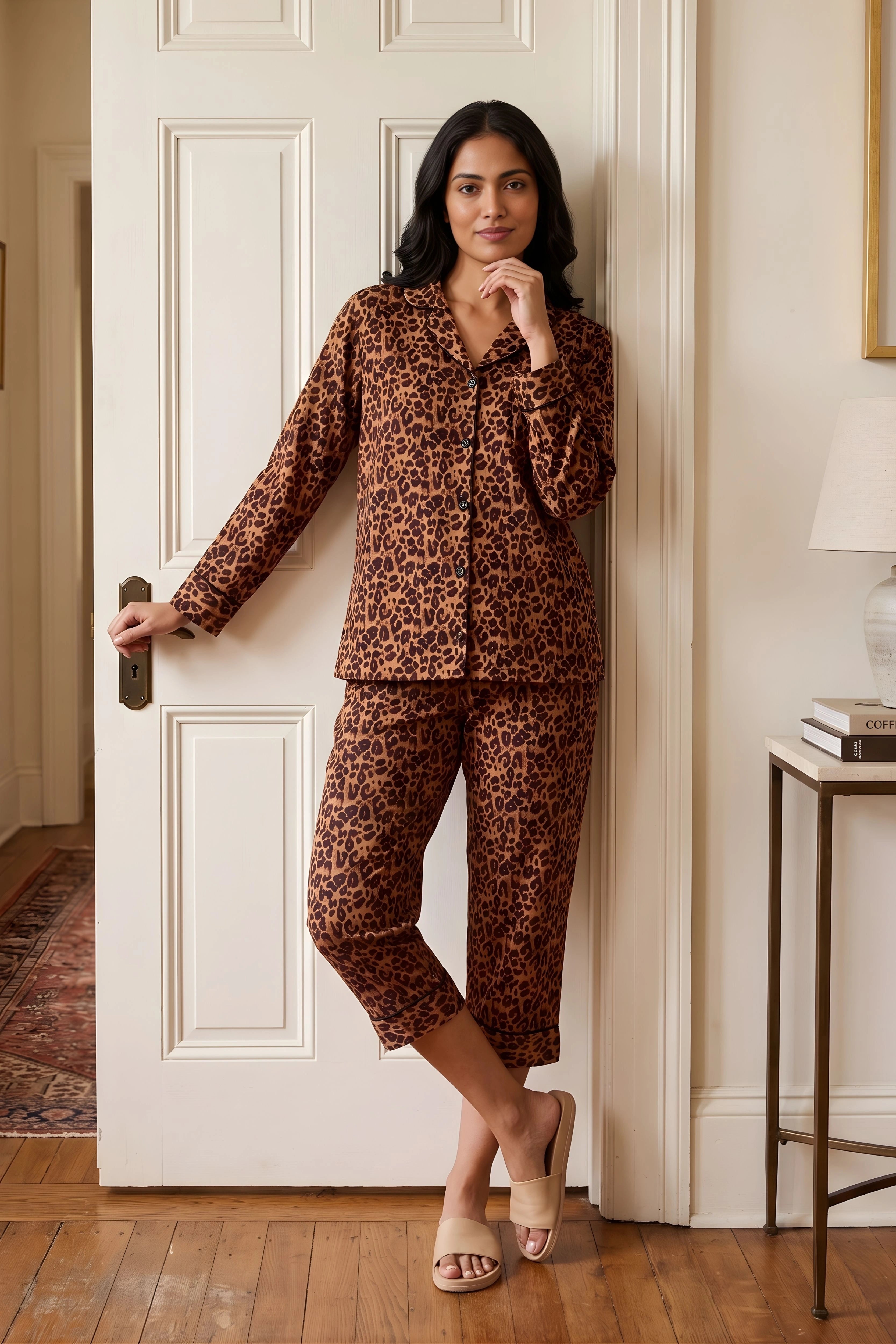 Brown Animal Print Rayon Night Suit Set