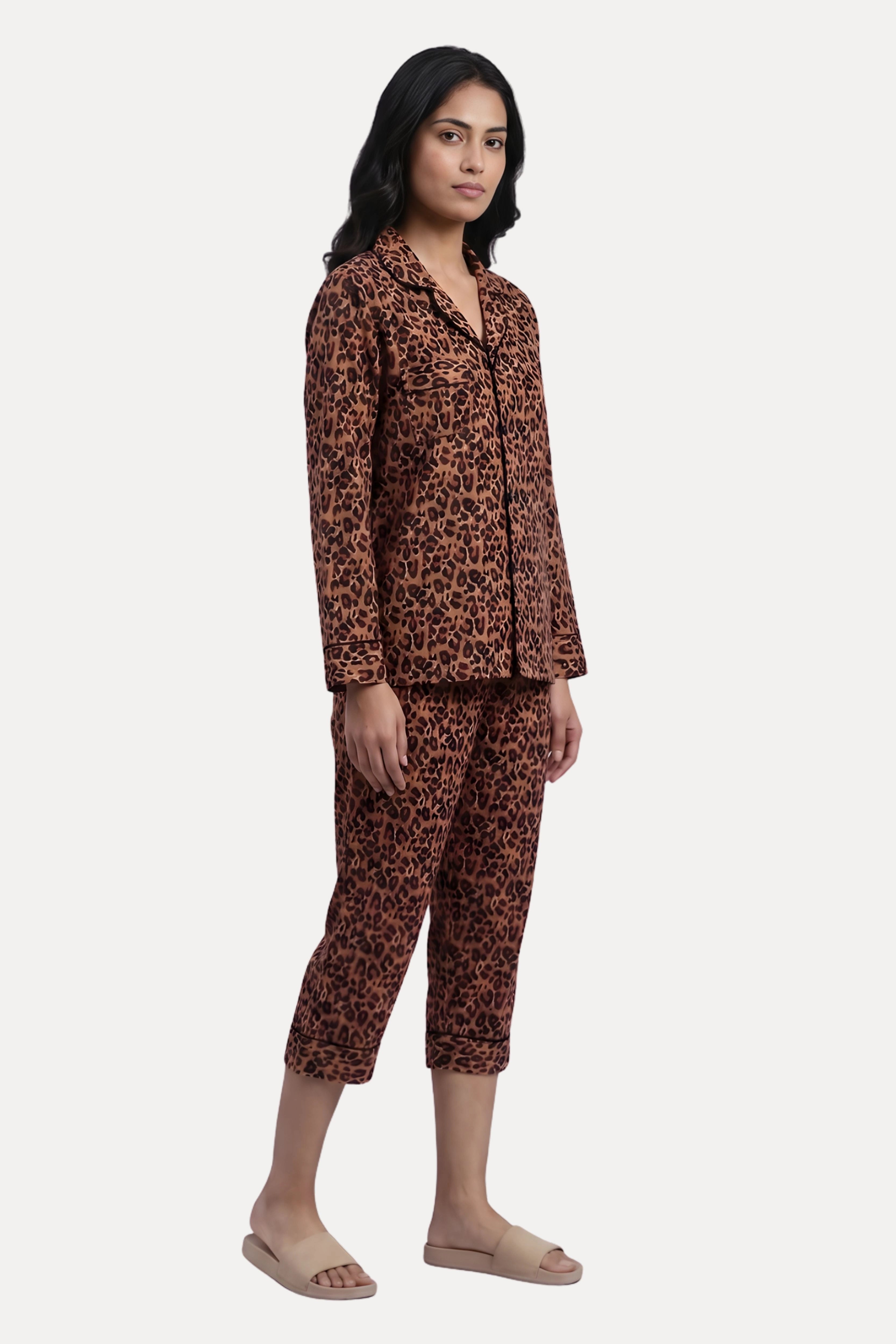 Brown Animal Print Rayon Night Suit Set