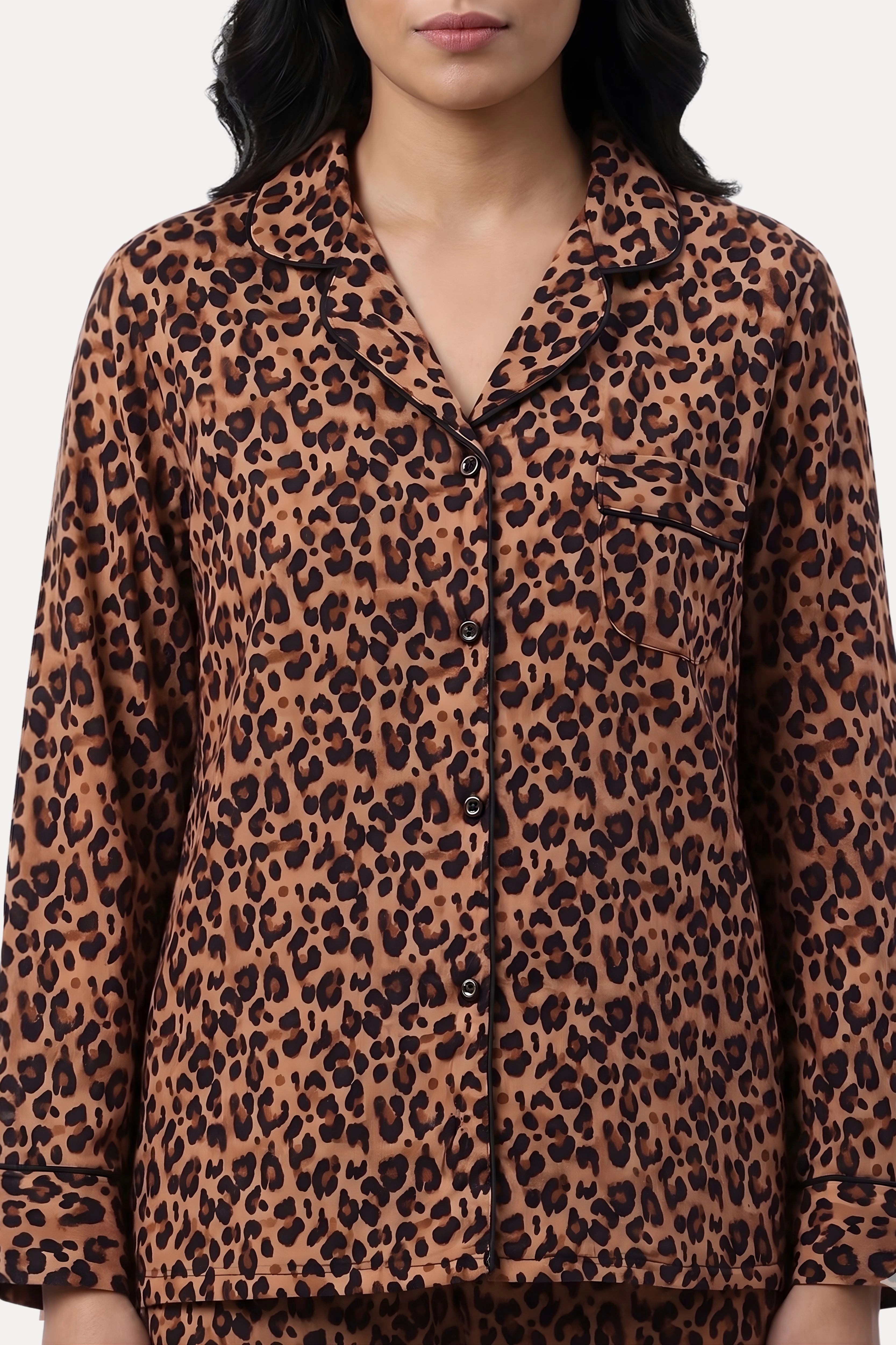 Brown Animal Print Rayon Night Suit Set