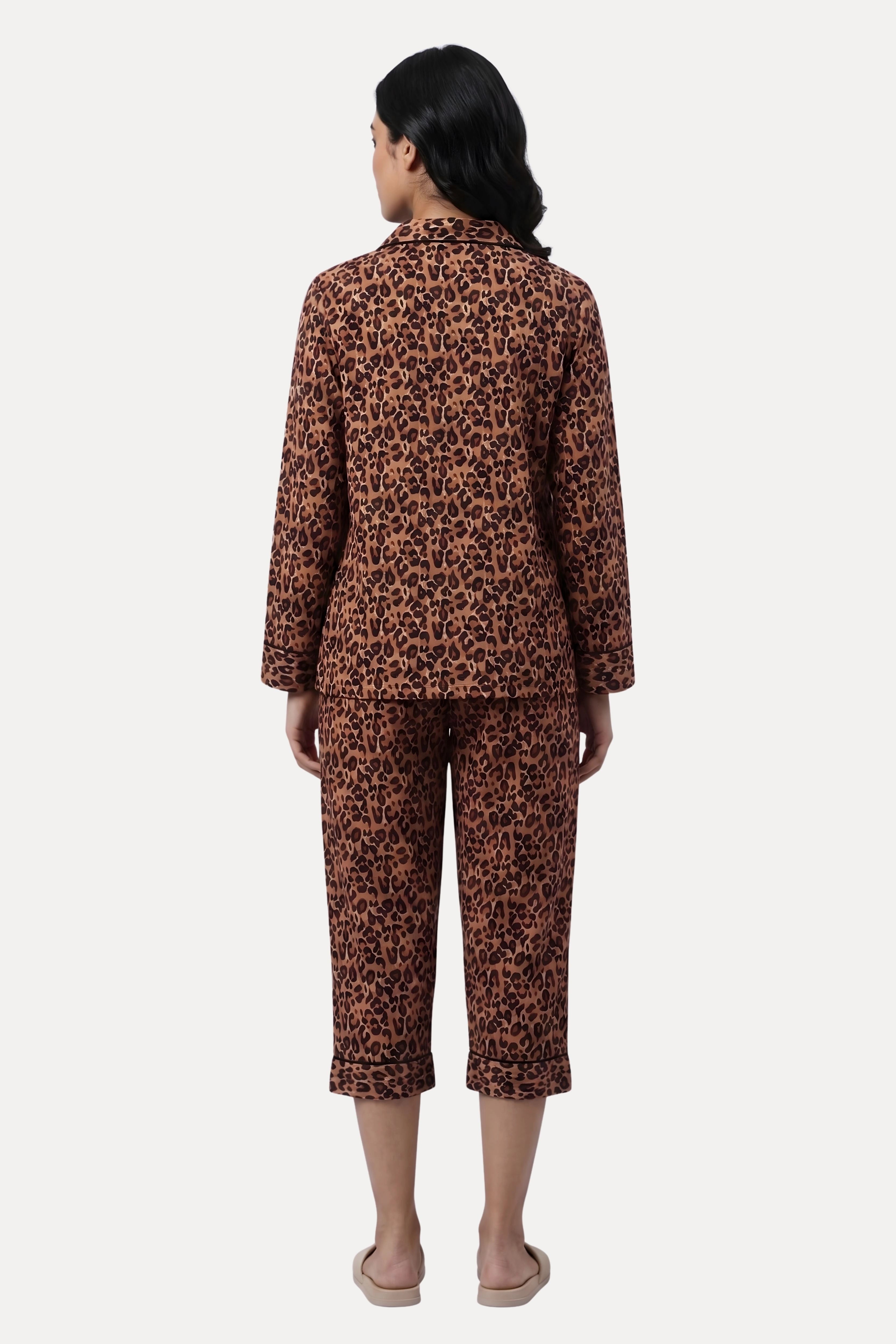 Brown Animal Print Rayon Night Suit Set