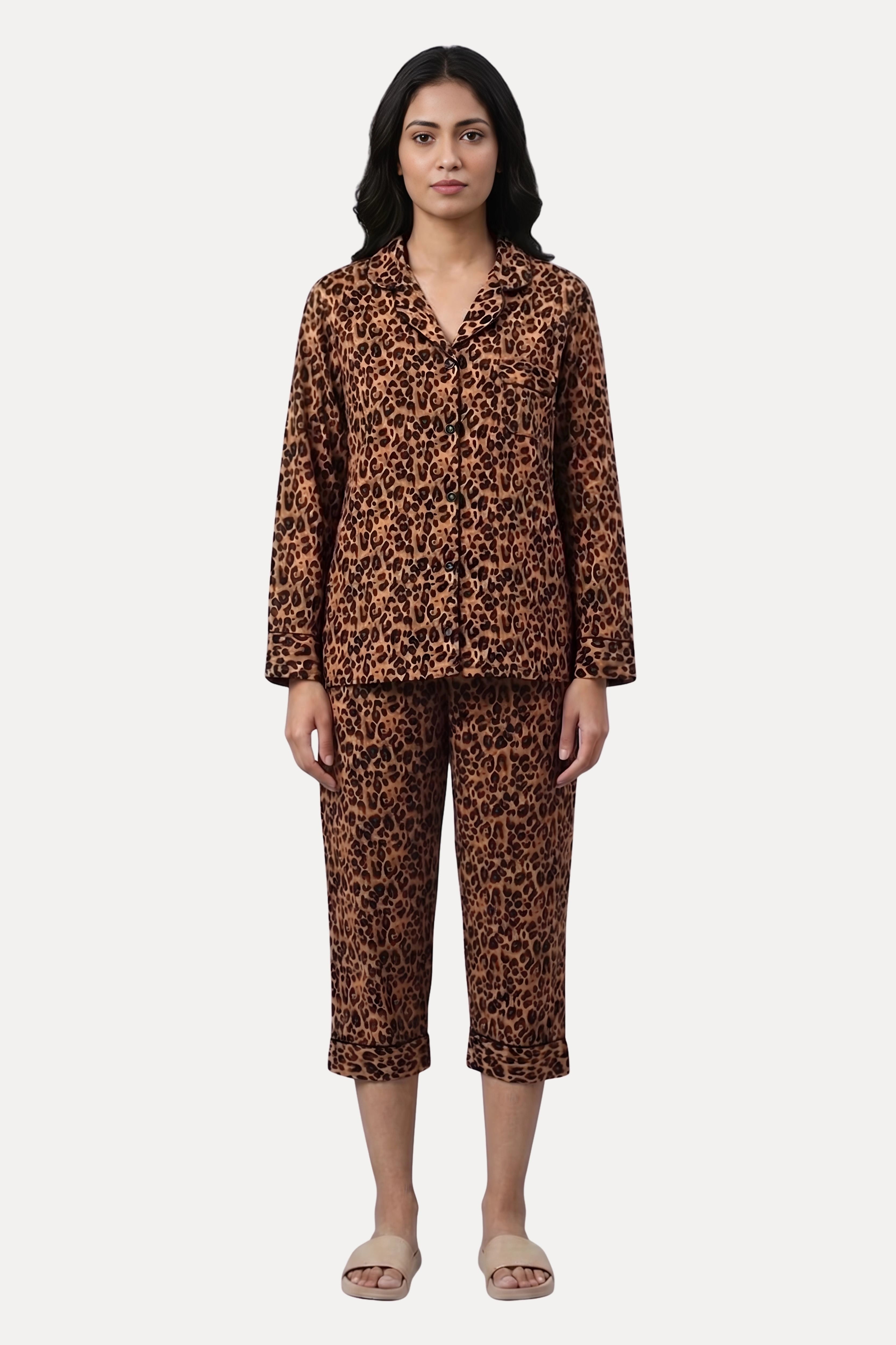 Brown Animal Print Rayon Night Suit Set