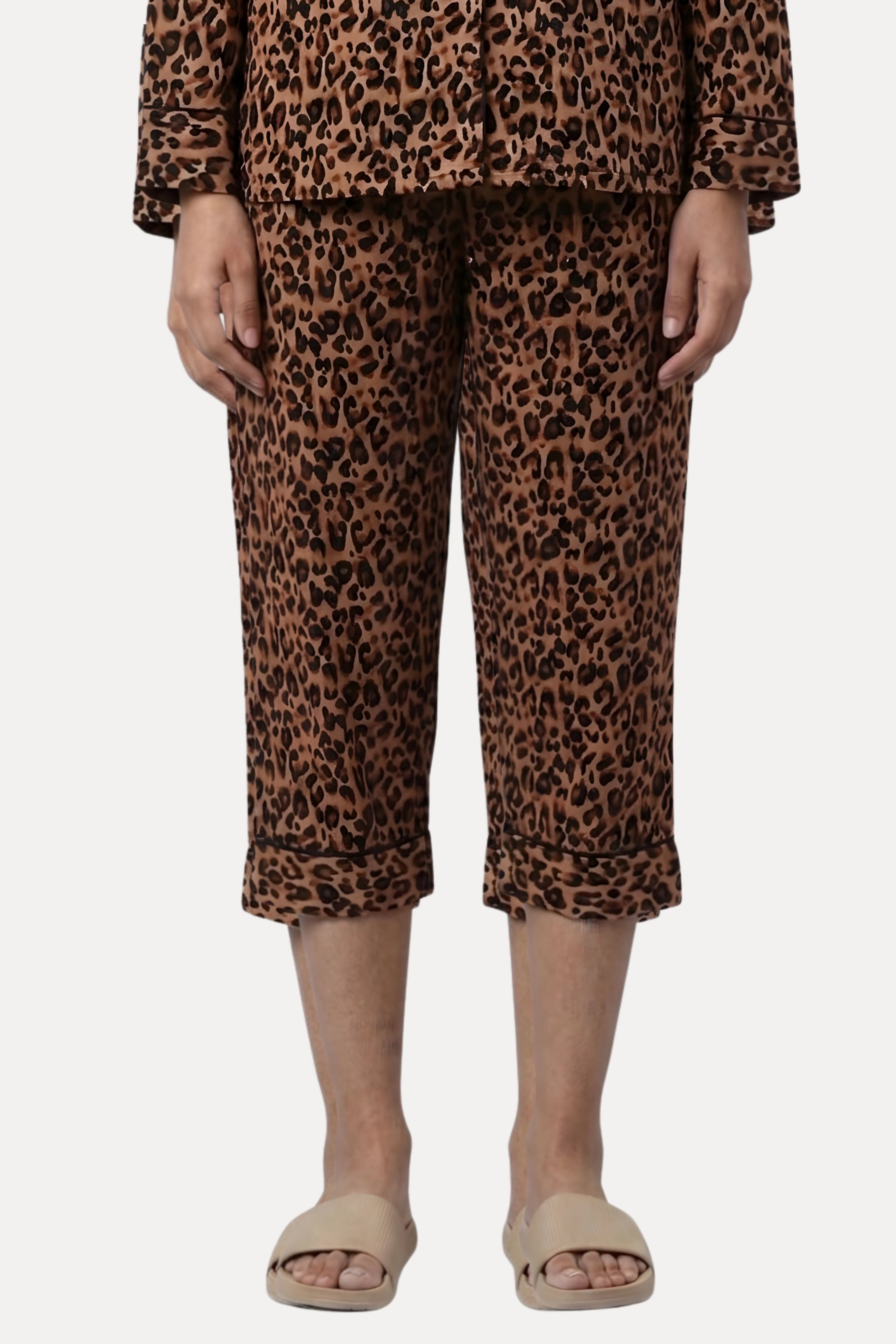Brown Animal Print Rayon Night Suit Set