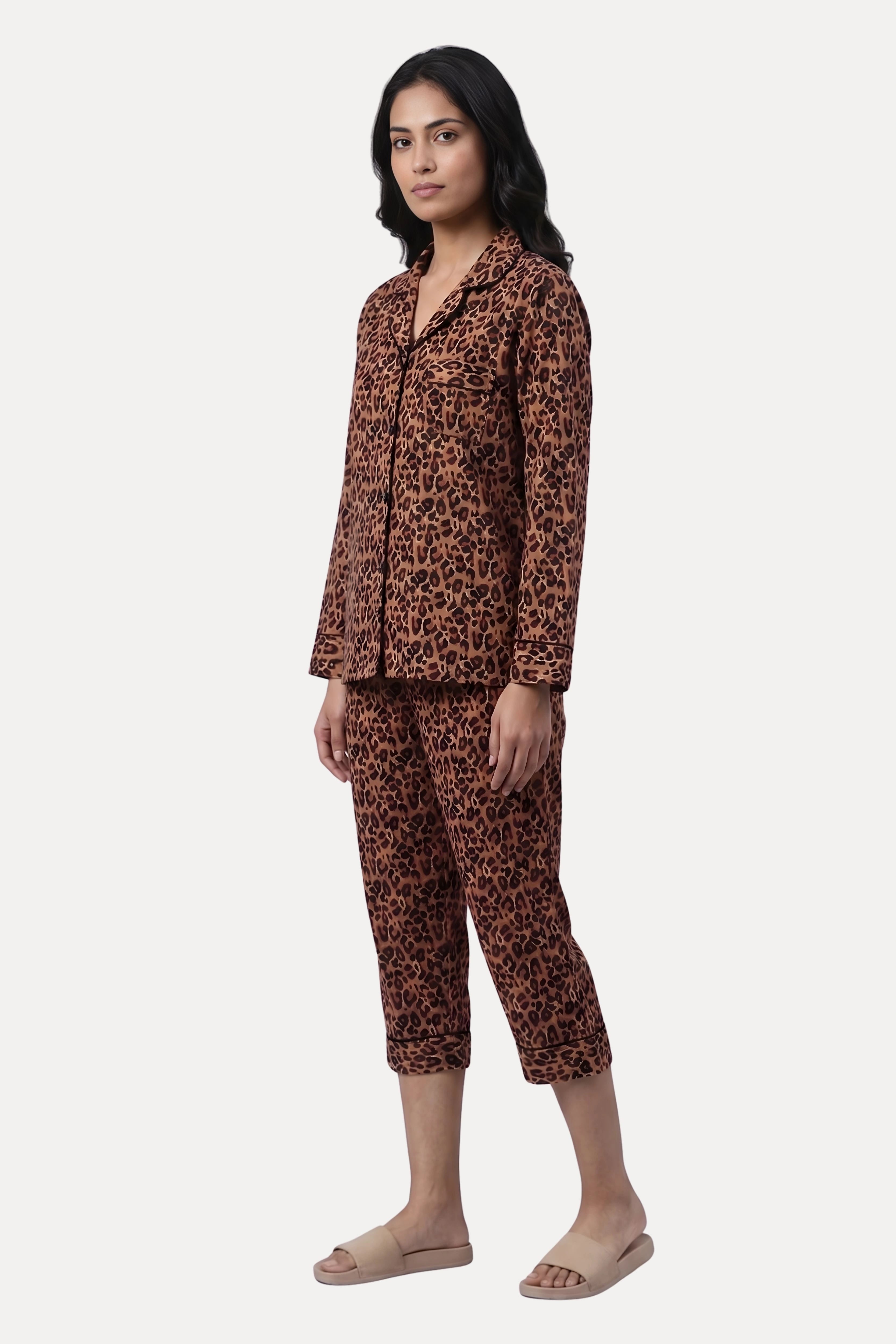 Brown Animal Print Rayon Night Suit Set