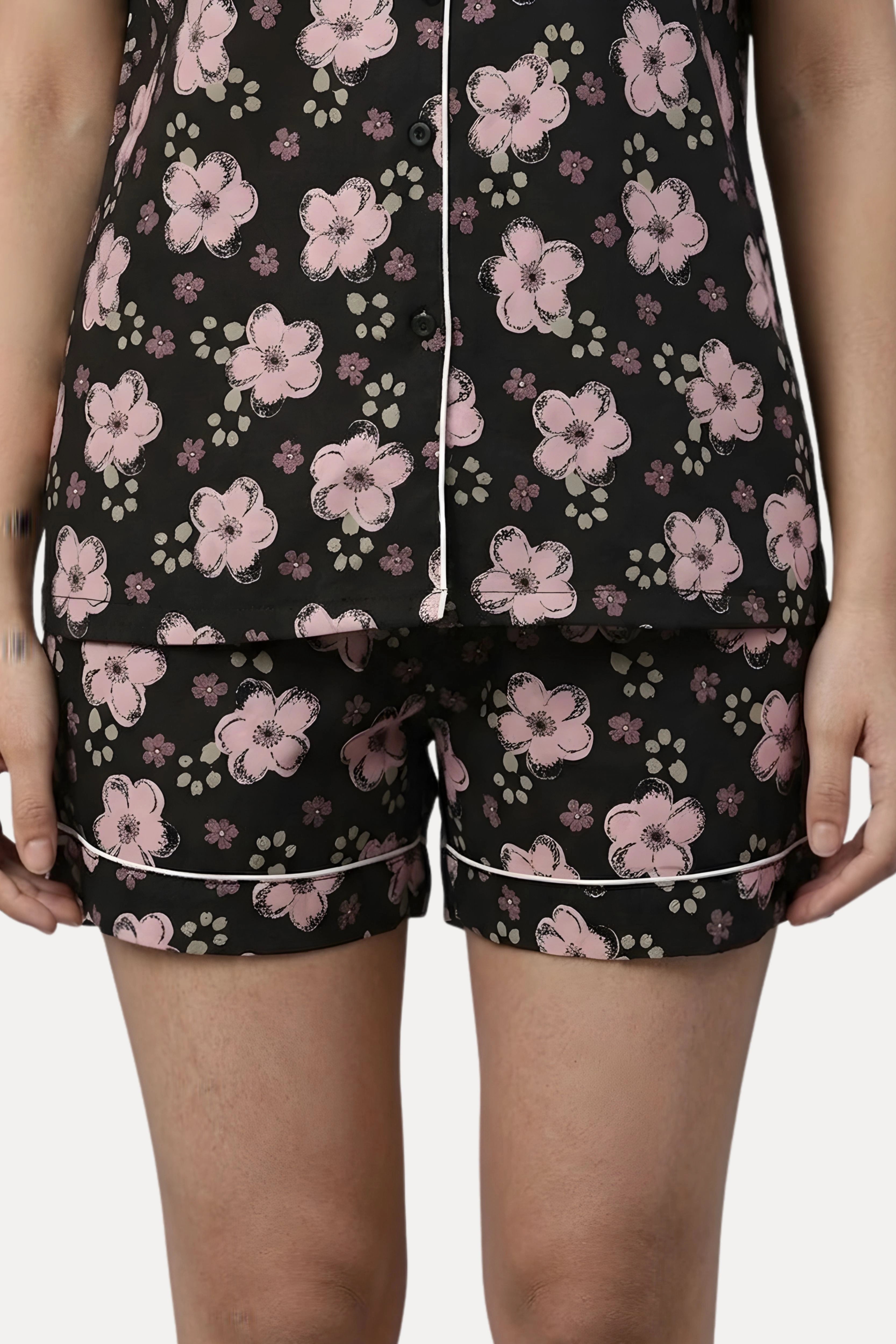 Black Floral Print Night Suit Set