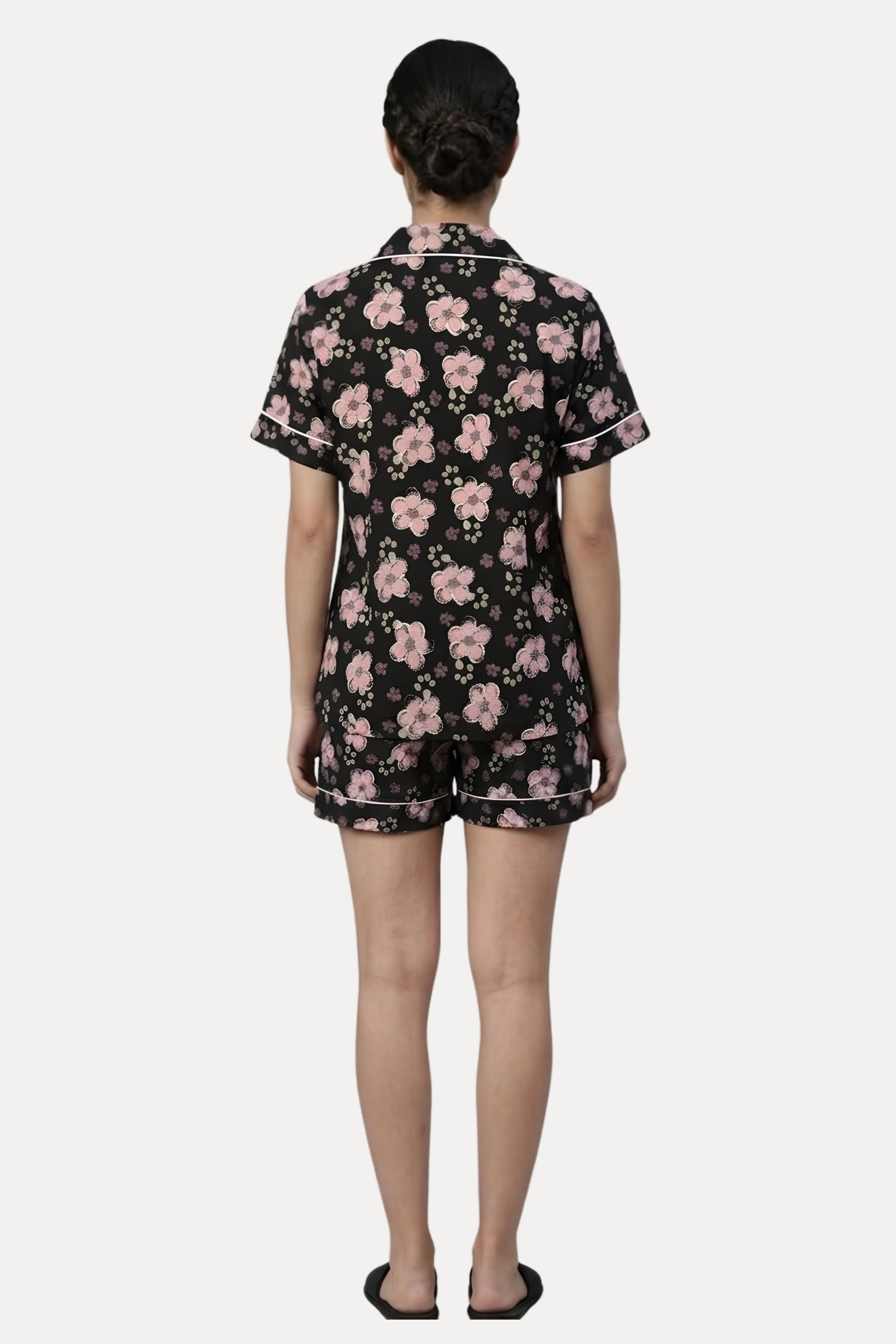 Black Floral Print Night Suit Set