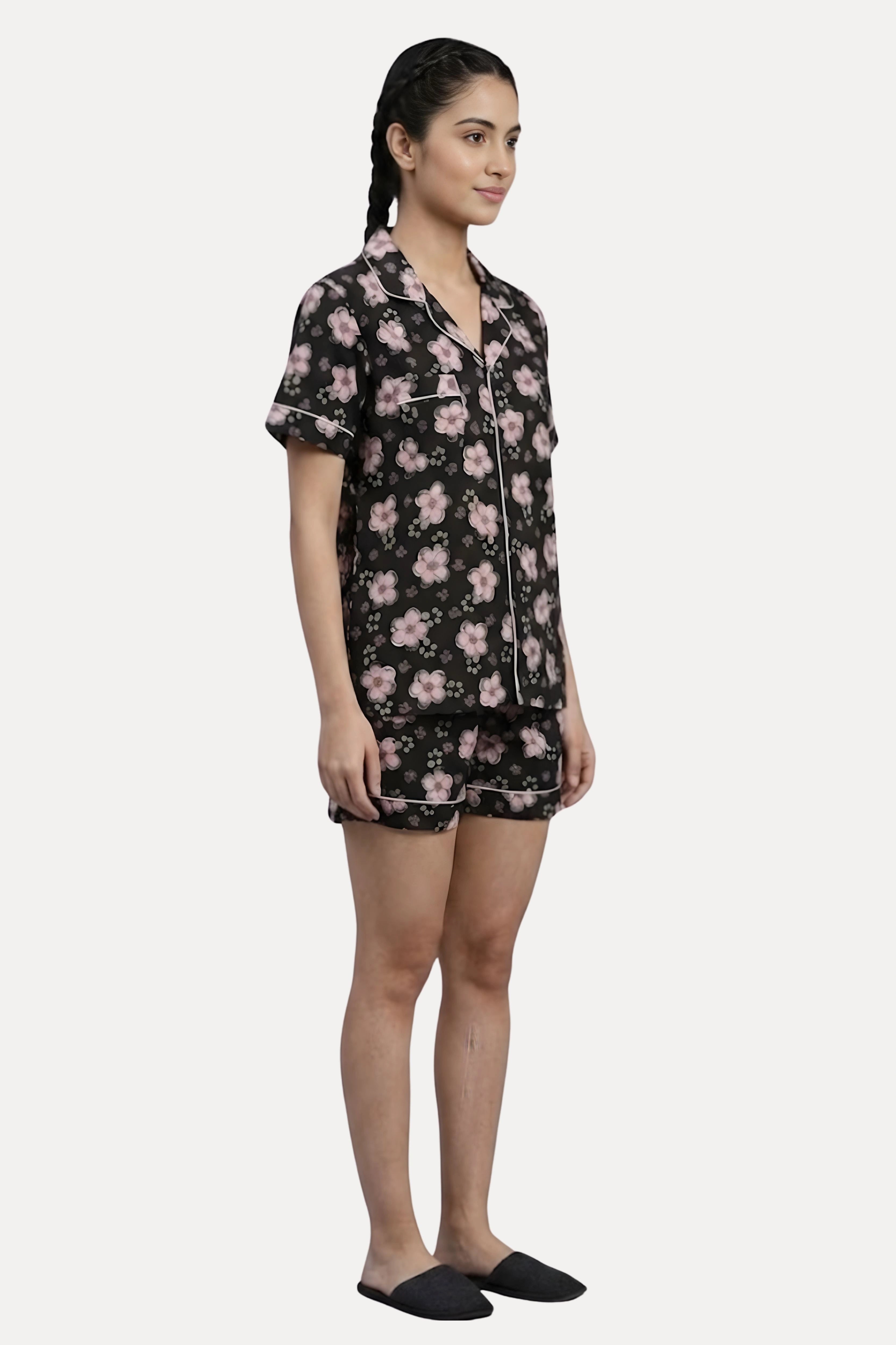 Black Floral Print Night Suit Set