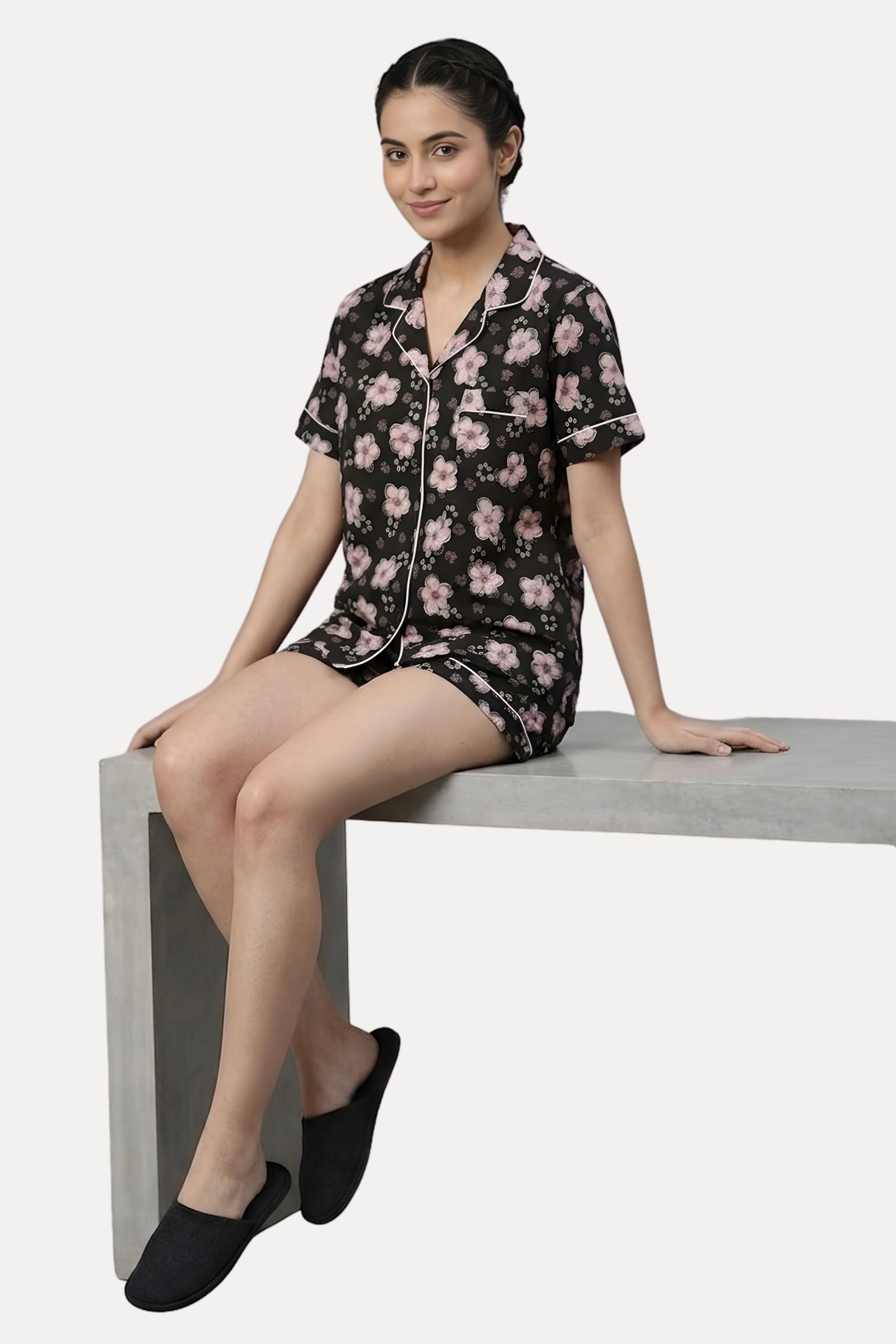 Black Floral Print Night Suit Set