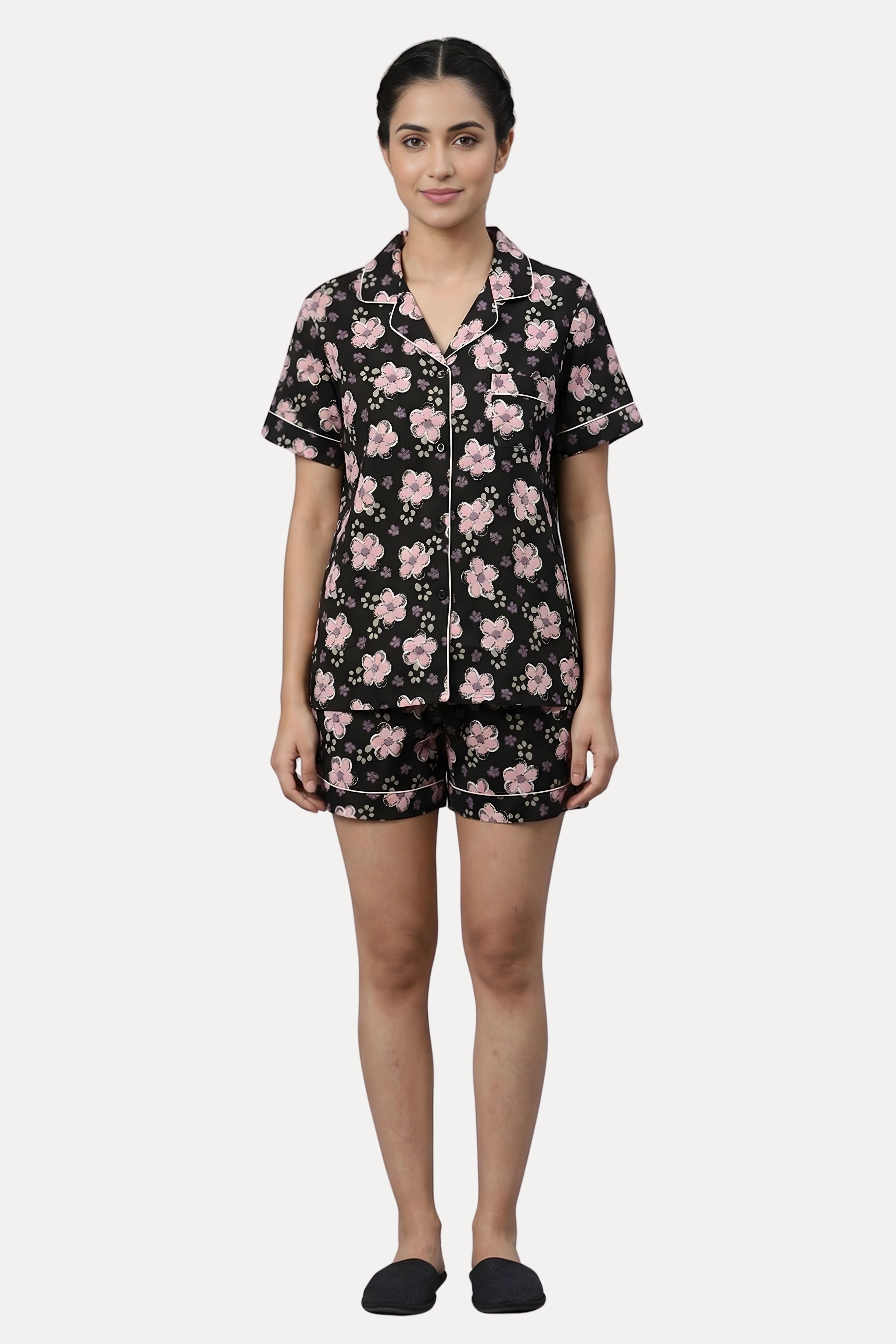 Black Floral Print Night Suit Set